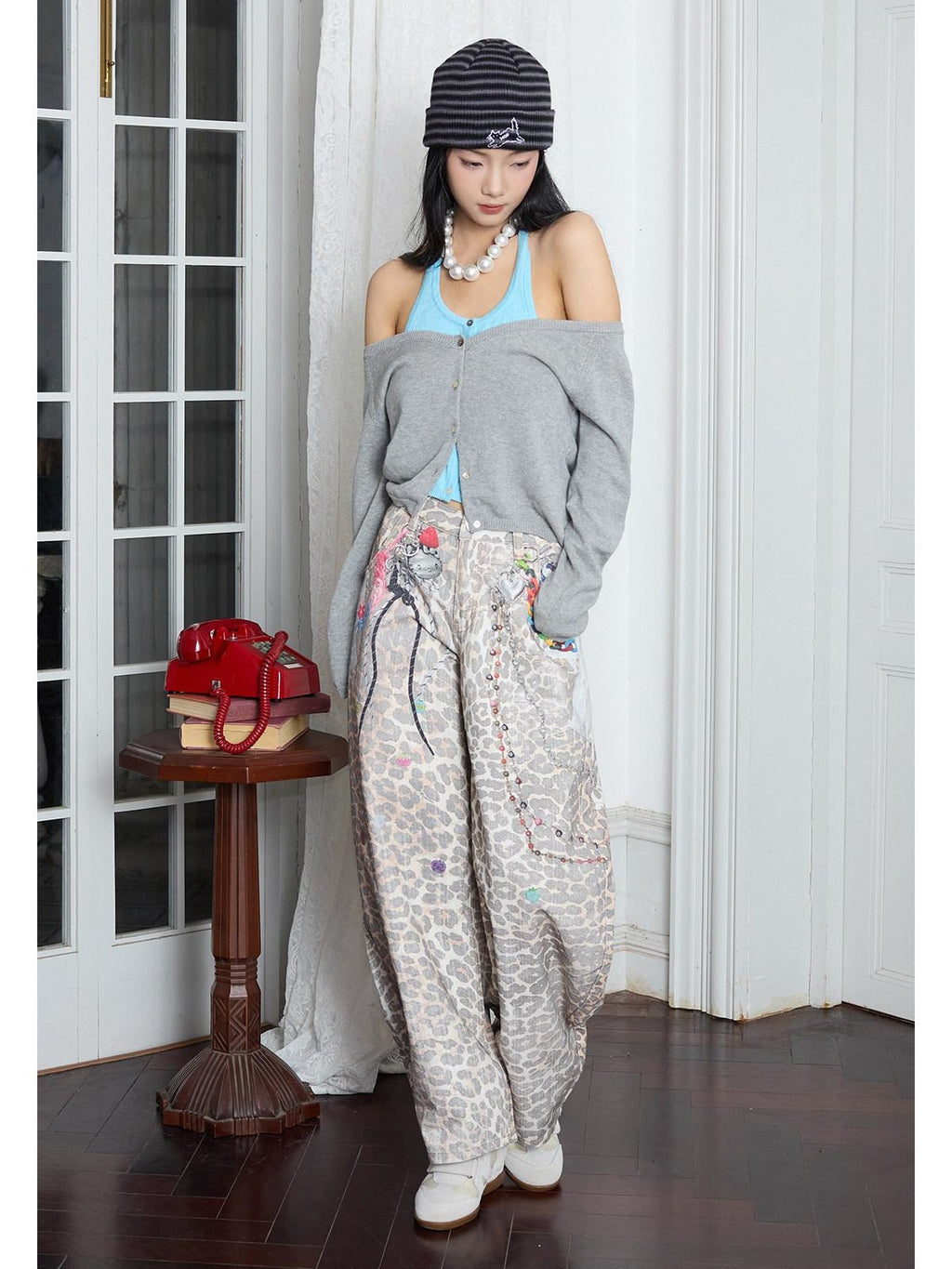 MOF Lace Trim Butterfly Bow Printed Wide Leg Women's Cotton Barrel-leg Jeans