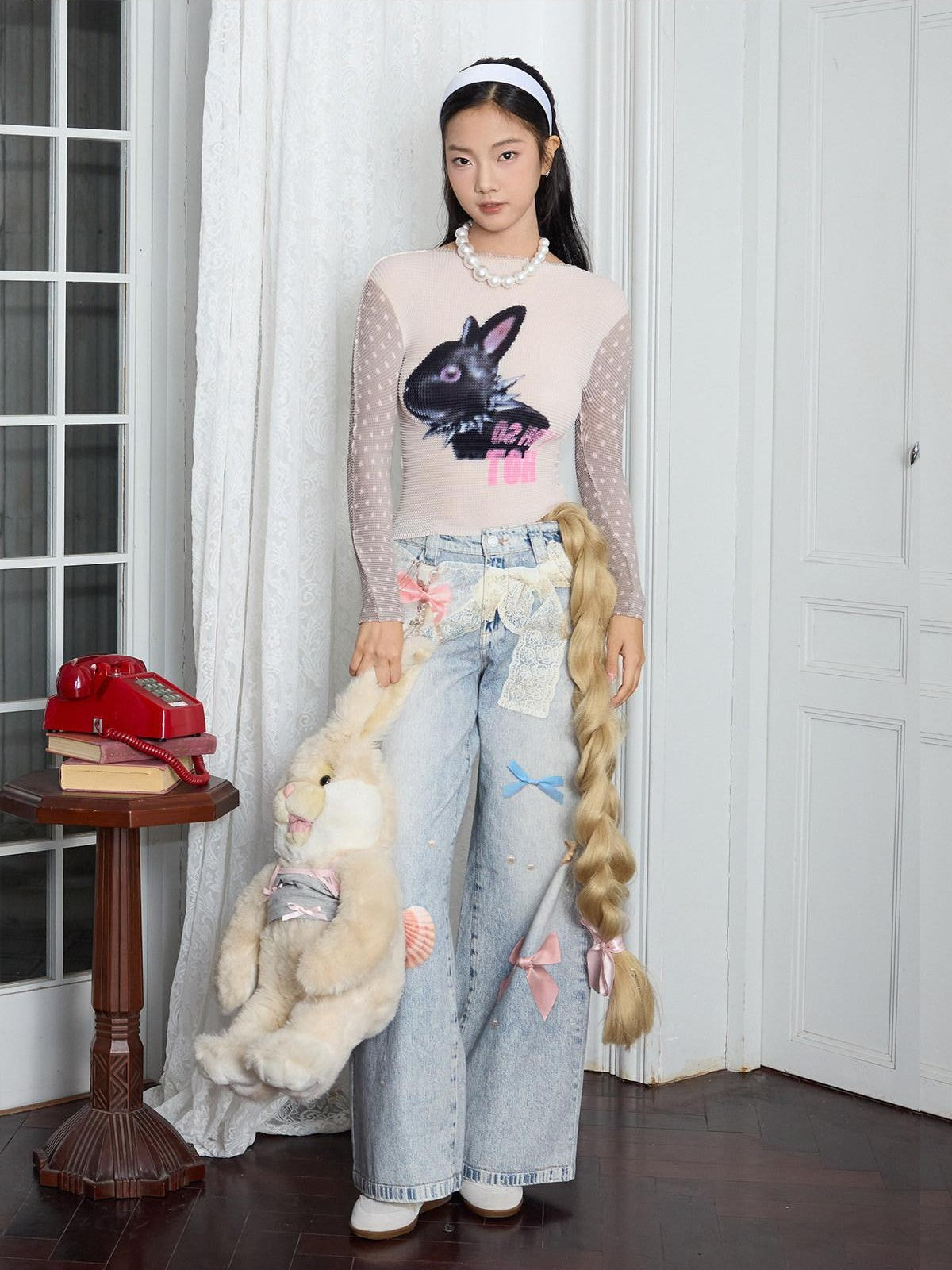 MOF Lace Trim Butterfly Bow Printed Wide Leg Women's Cotton Barrel-leg Jeans