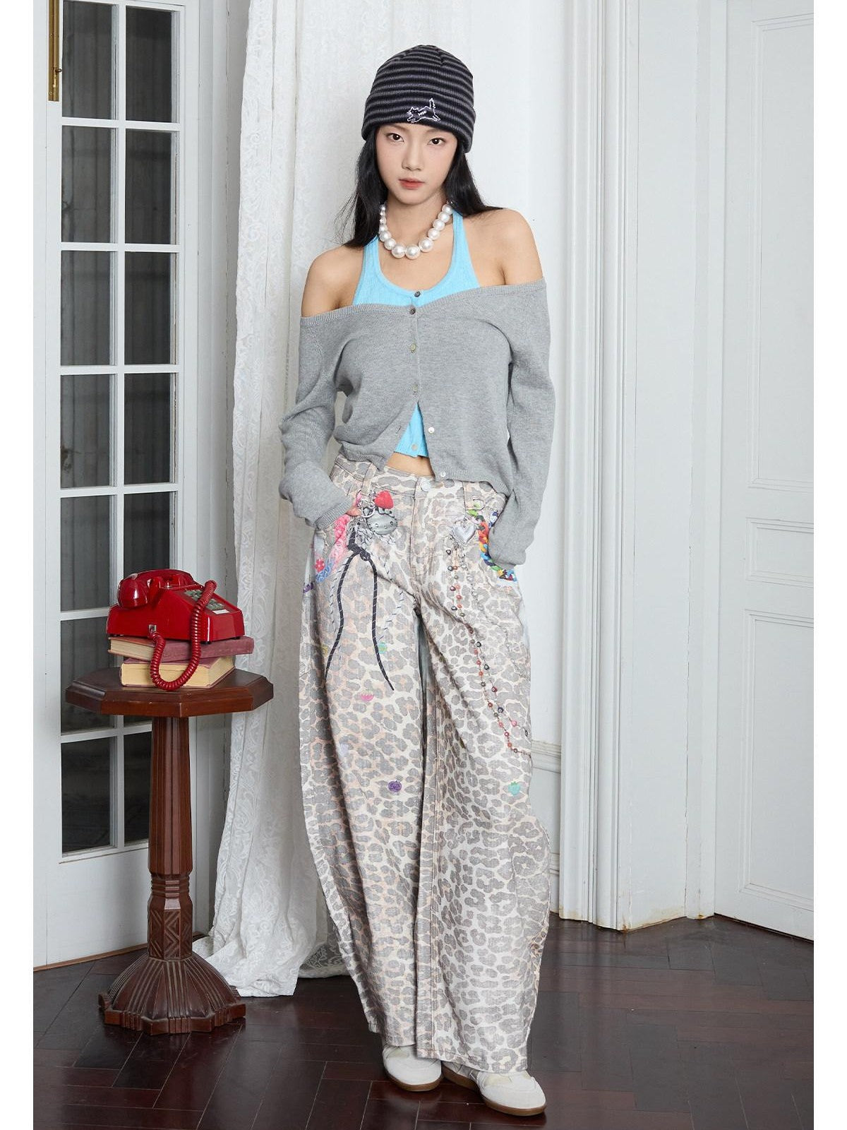 MOF Leopard Kitty Print 3d Print Curved Hem Women's Barrel-leg Jeans