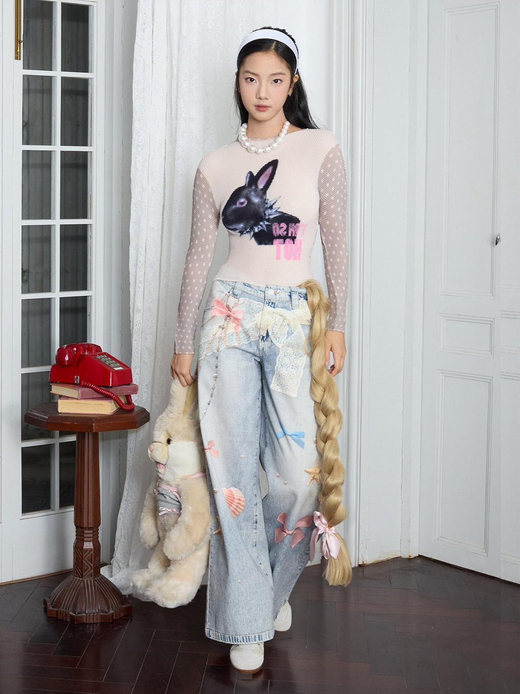 MOF Leopard Kitty Print 3d Print Curved Hem Women's Barrel-leg Jeans