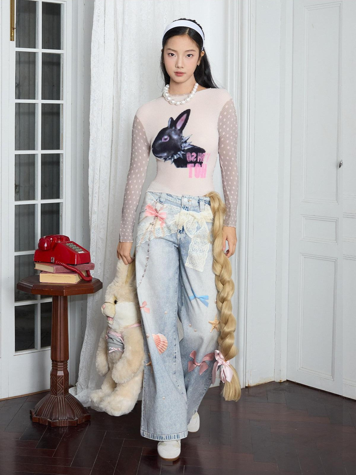 MOF Leopard Kitty Print 3d Print Curved Hem Women's Barrel-leg Jeans