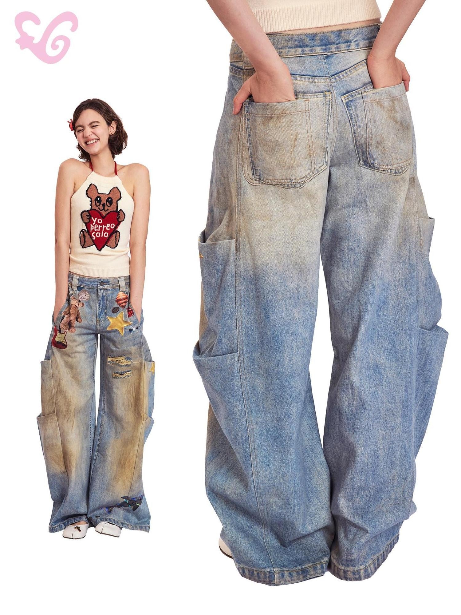 MOF Light Wash 3d Print Distressed Ripped Women's Cotton Barrel-leg Jeans