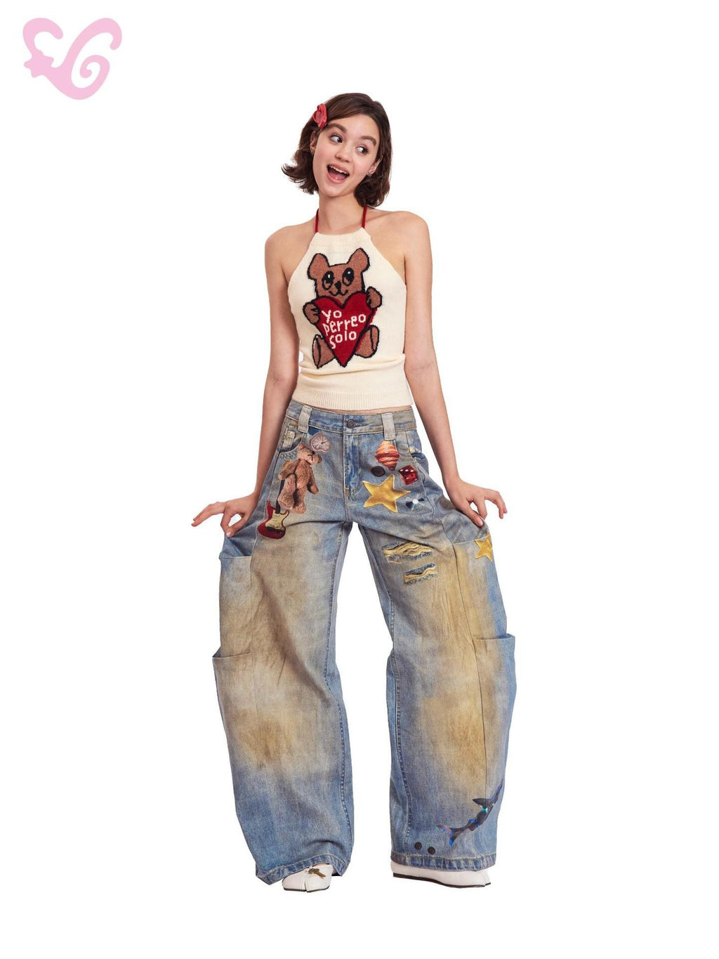MOF Light Wash 3d Print Distressed Ripped Women's Cotton Barrel-leg Jeans