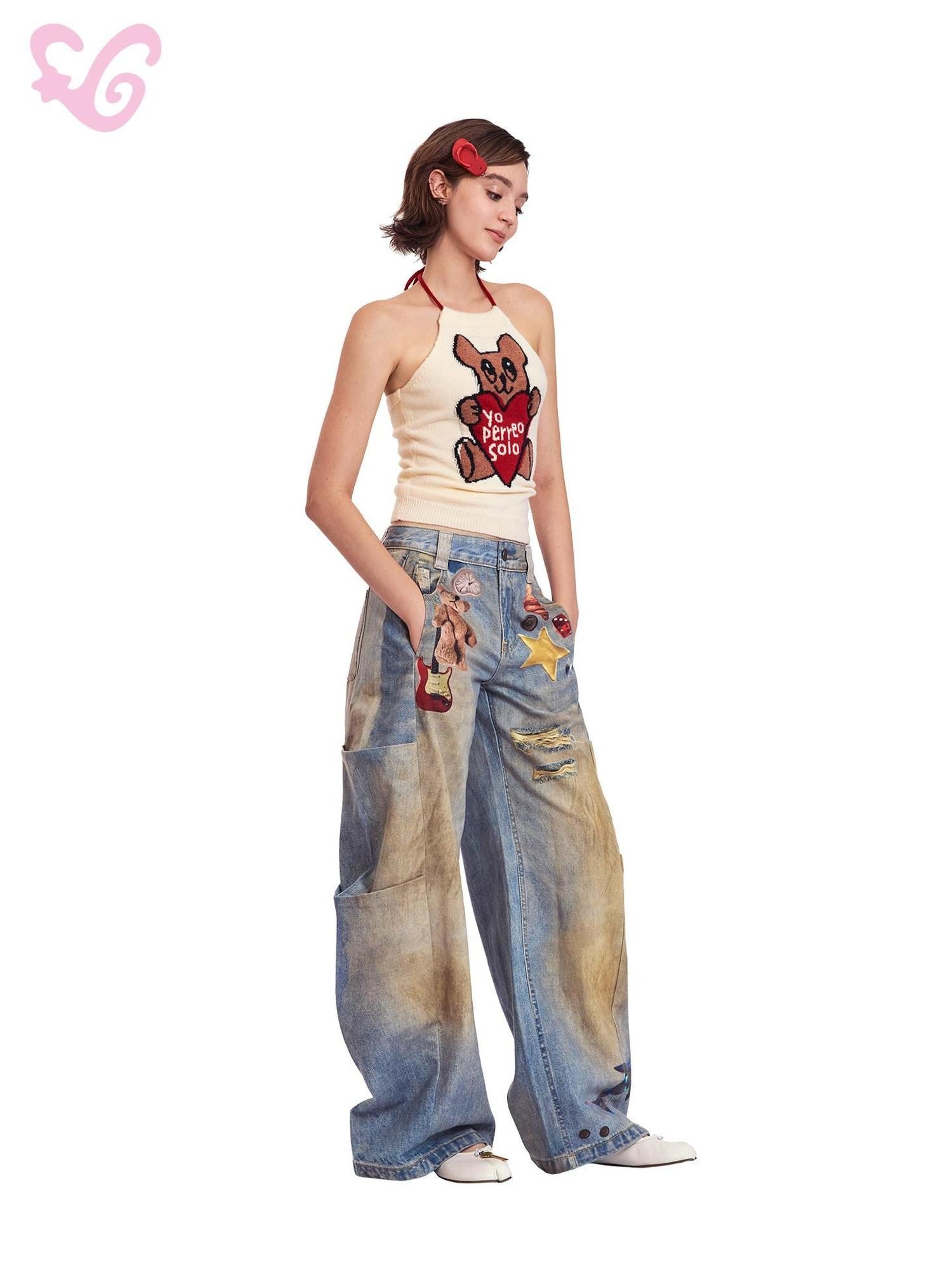 MOF Light Wash 3d Print Distressed Ripped Women's Cotton Barrel-leg Jeans