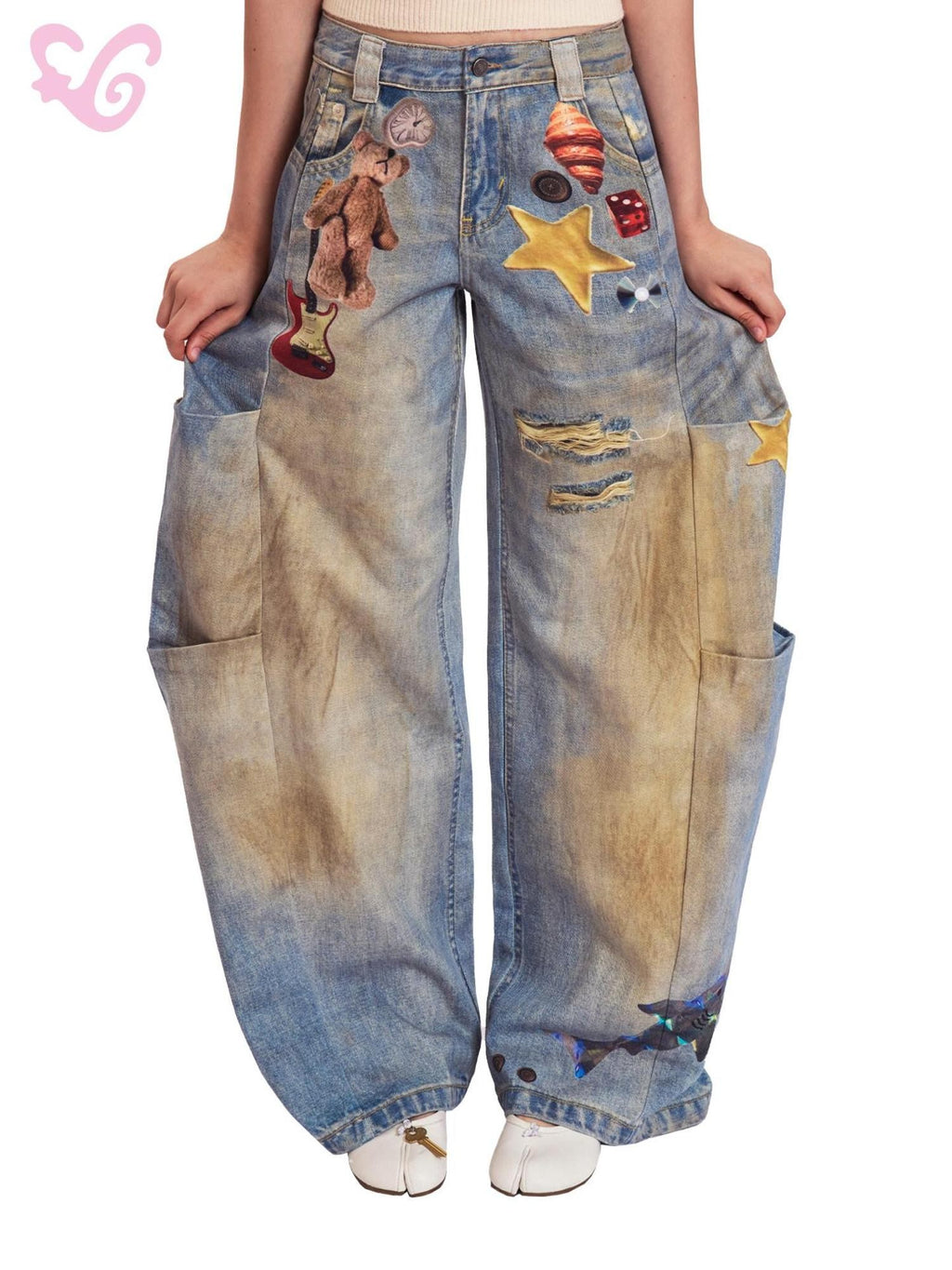 MOF Light Wash 3d Print Distressed Ripped Women's Cotton Barrel-leg Jeans