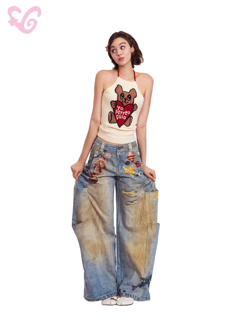 MOF Light Wash 3d Print Distressed Ripped Women's Cotton Barrel-leg Jeans
