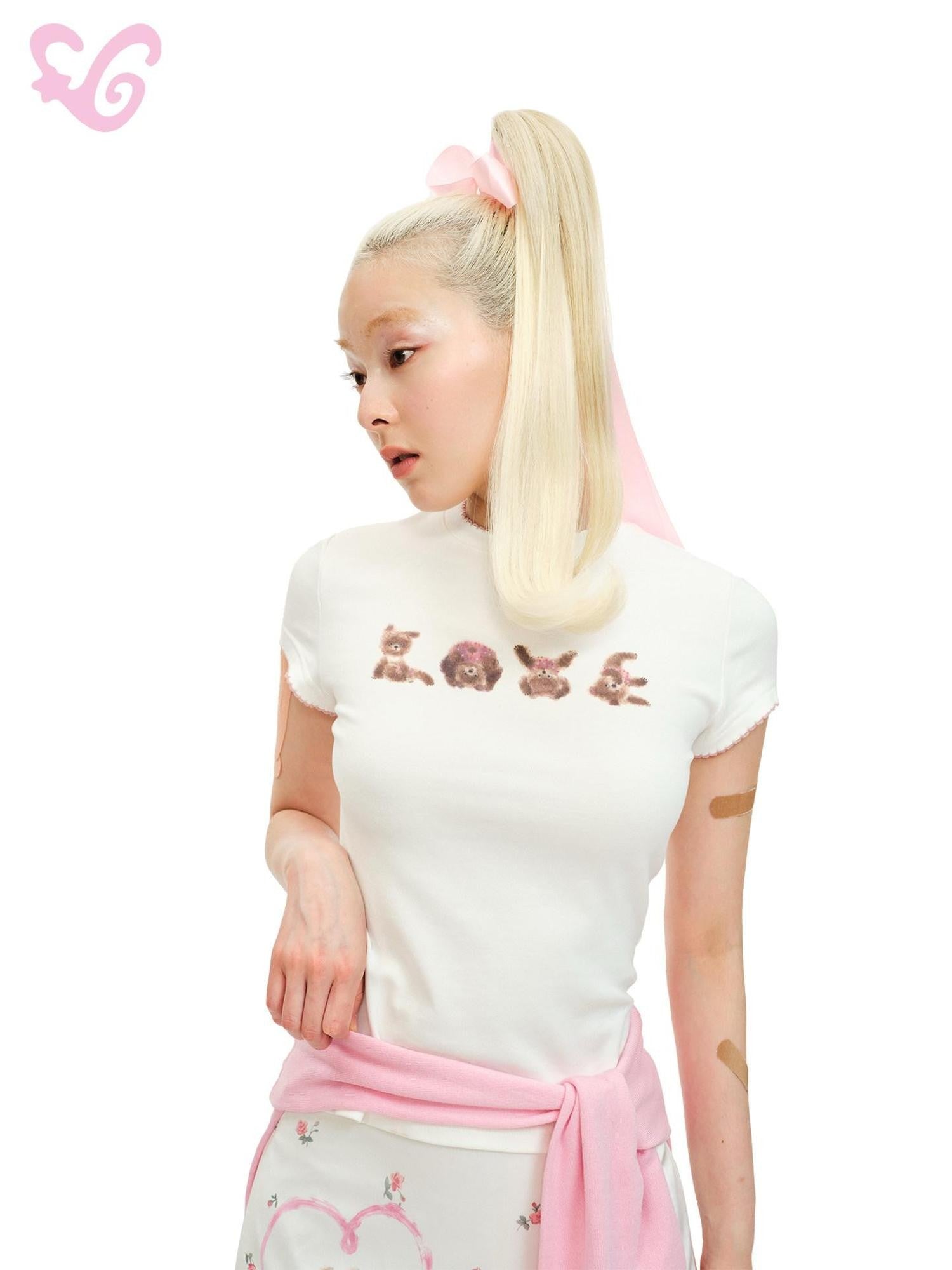 MOF Love Bear Print Cropped Women's Cotton Viscose Short Sleeve T-shirts