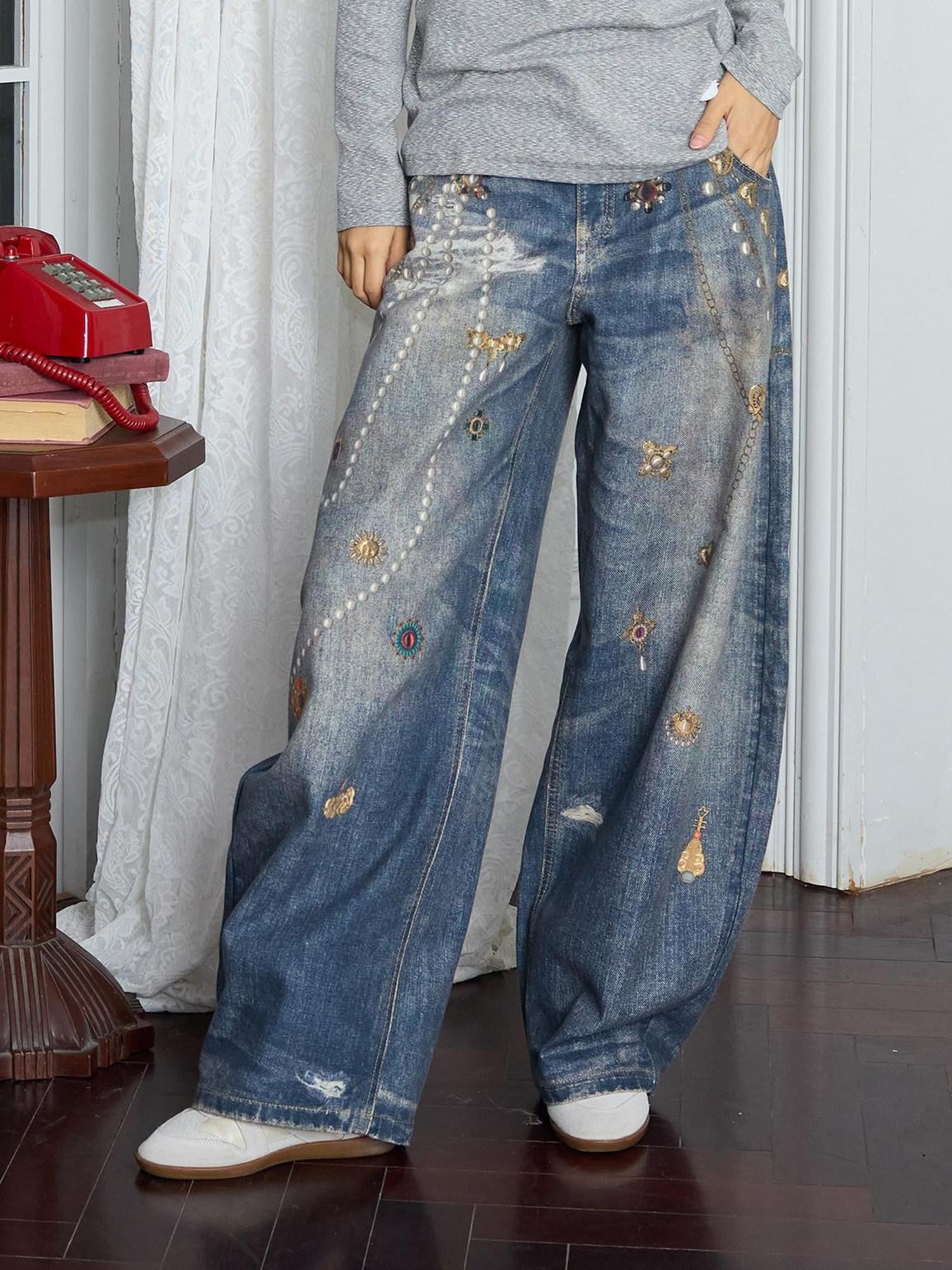 MOF Moonlight 3d Printed Lace Bow Pearl Chain Print Women's Cotton Barrel-leg Jeans
