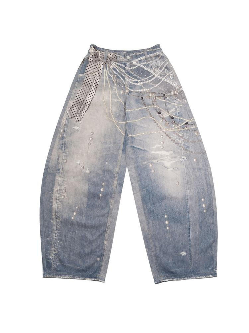 MOF Moonlight 3d Printed Lace Bow Pearl Chain Print Women's Cotton Barrel-leg Jeans