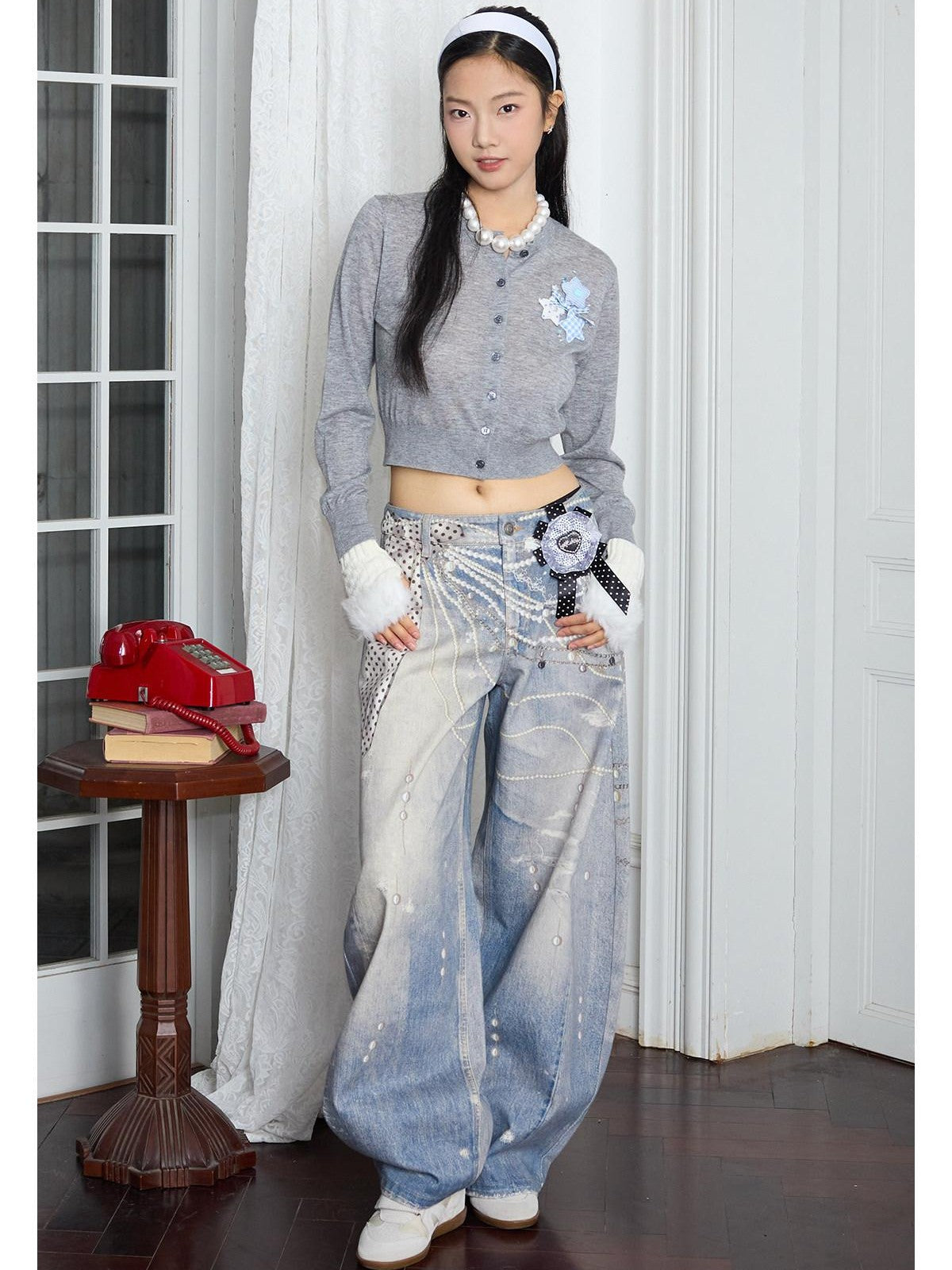 MOF Moonlight 3d Printed Lace Bow Pearl Chain Print Women's Cotton Barrel-leg Jeans