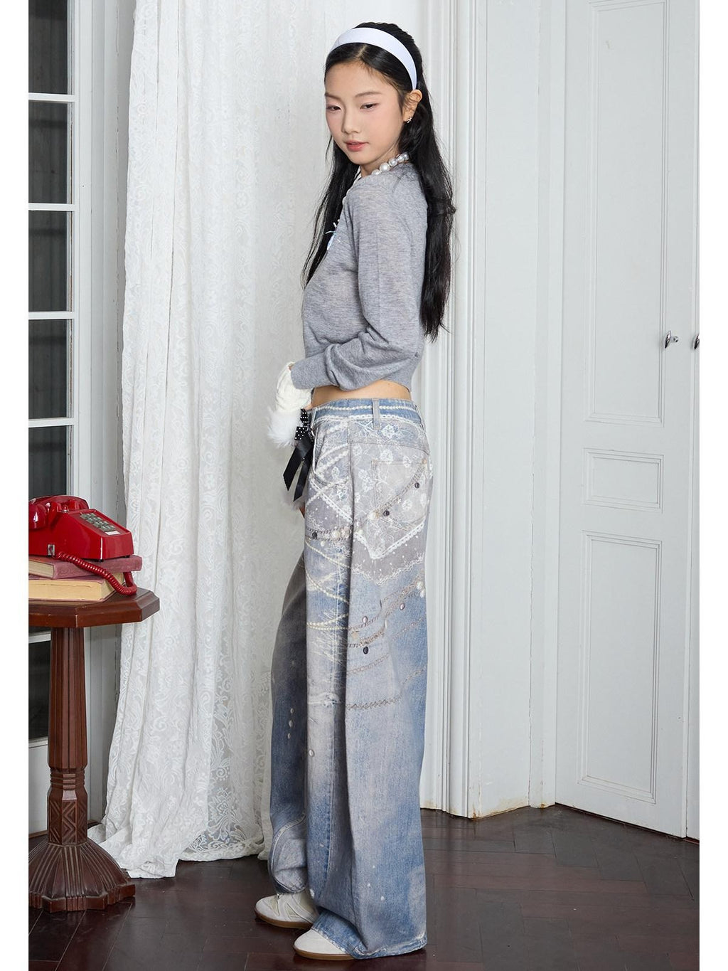 MOF Moonlight 3d Printed Lace Bow Pearl Chain Print Women's Cotton Barrel-leg Jeans