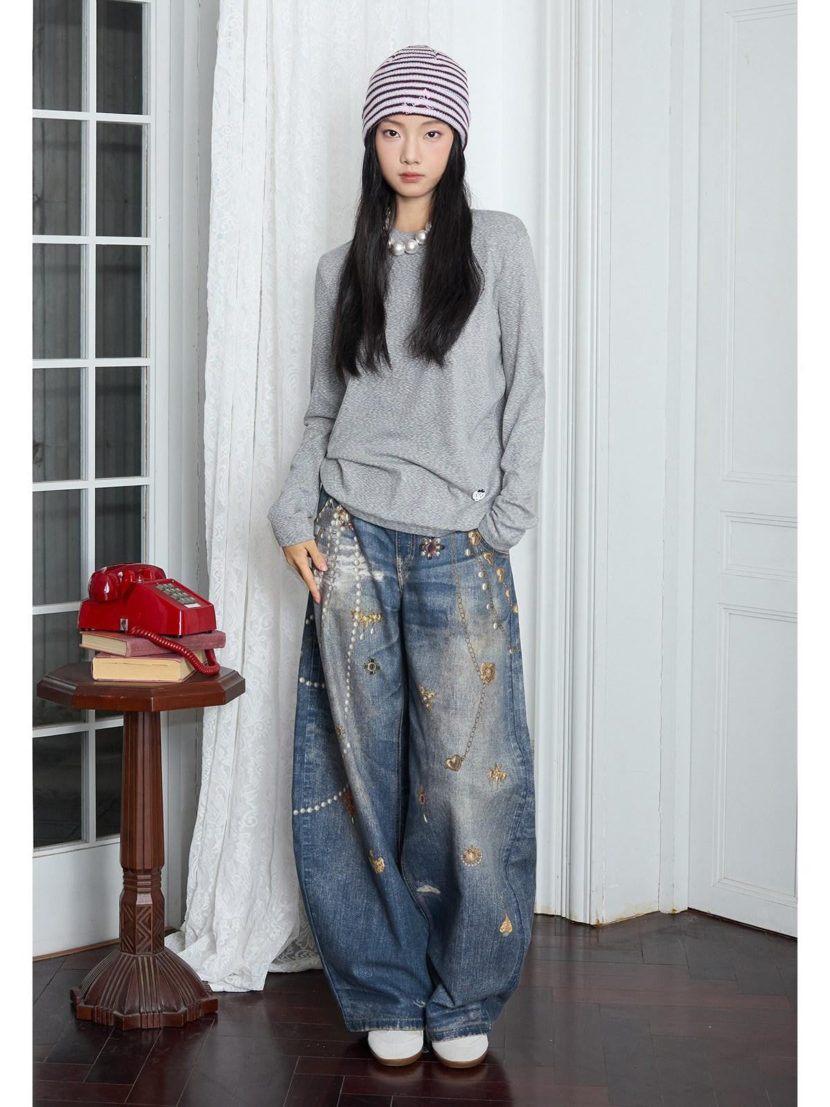MOF Moonlight 3d Printed Lace Bow Pearl Chain Print Women's Cotton Barrel-leg Jeans