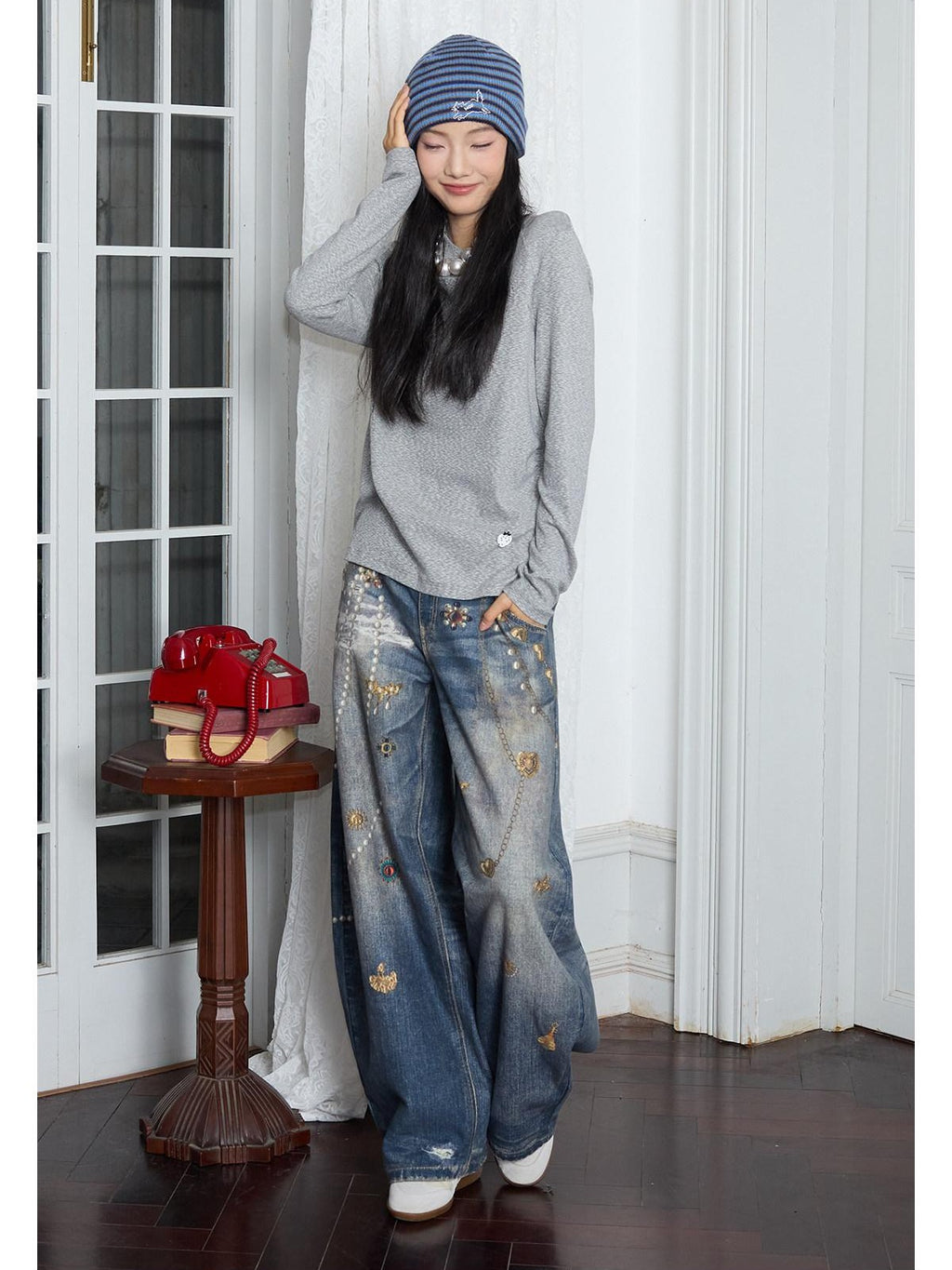 MOF Moonlight 3d Printed Lace Bow Pearl Chain Print Women's Cotton Barrel-leg Jeans