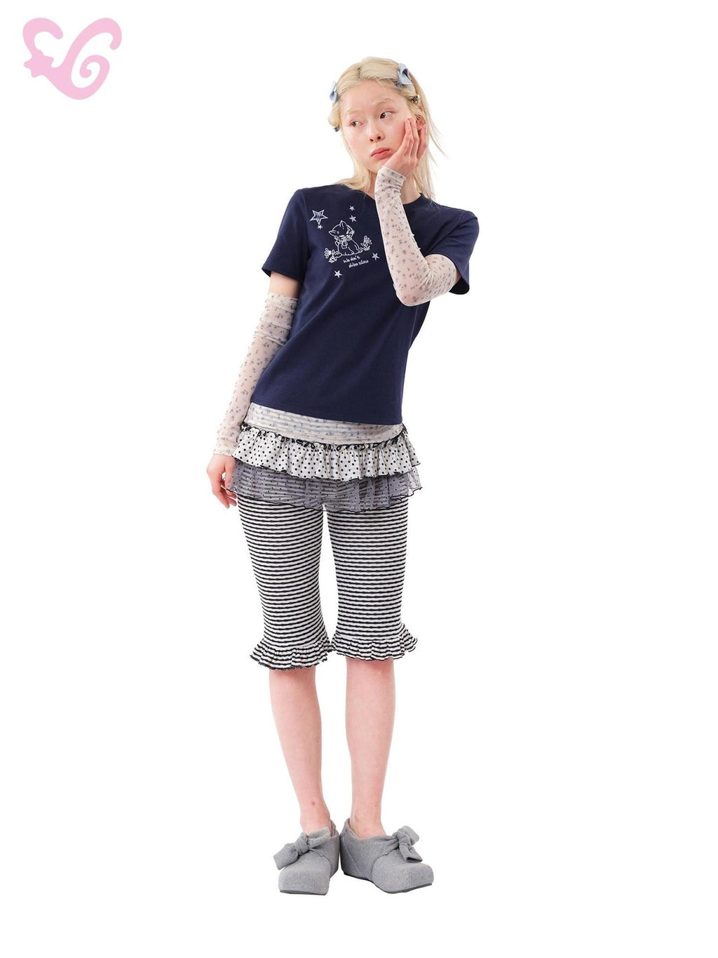 MOF Navy Cat Embroidery Set Shoulder Women's Cotton Short Sleeve T-shirts