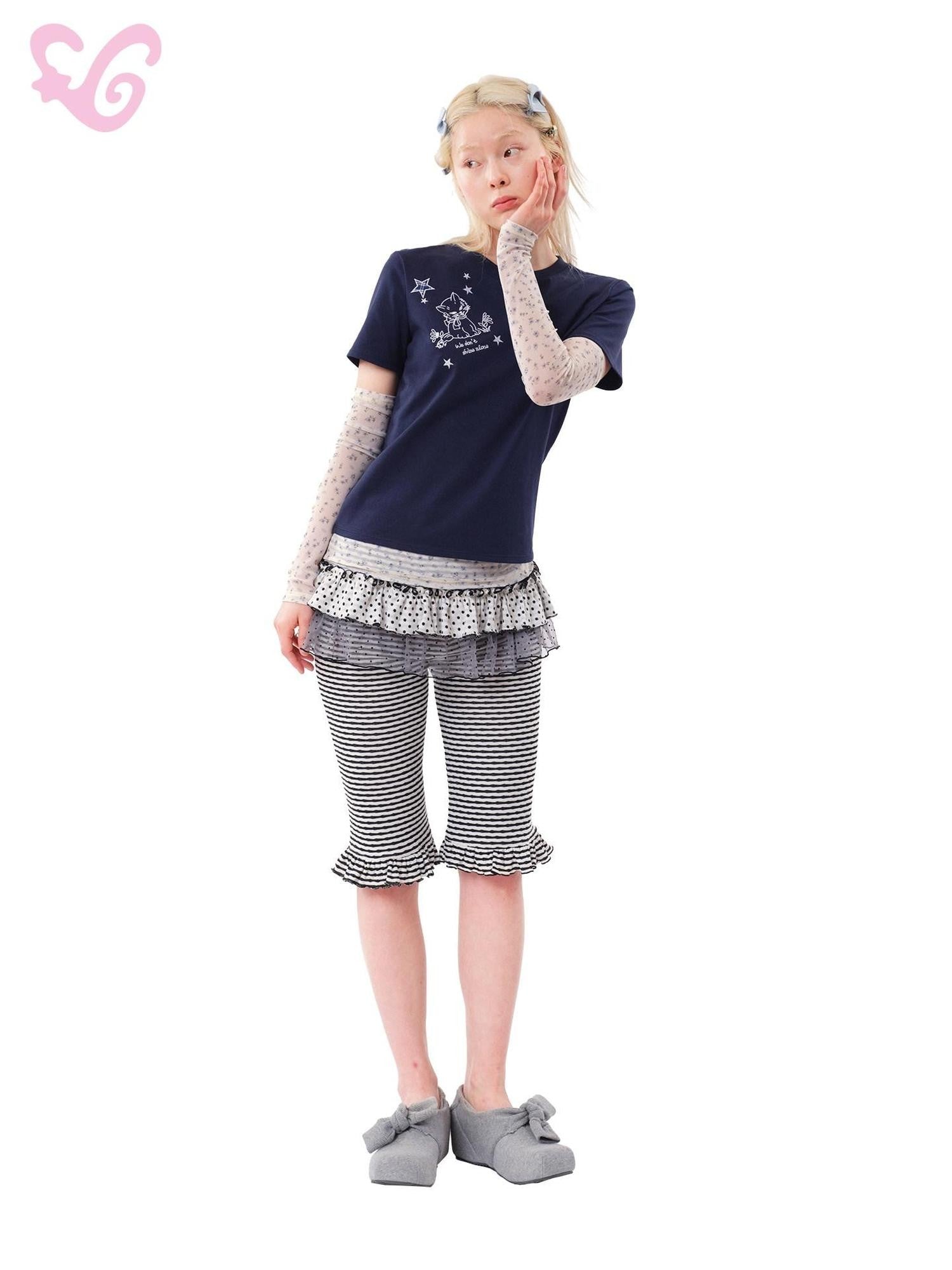 MOF Navy Cat Embroidery Set Shoulder Women's Cotton Short Sleeve T-shirts