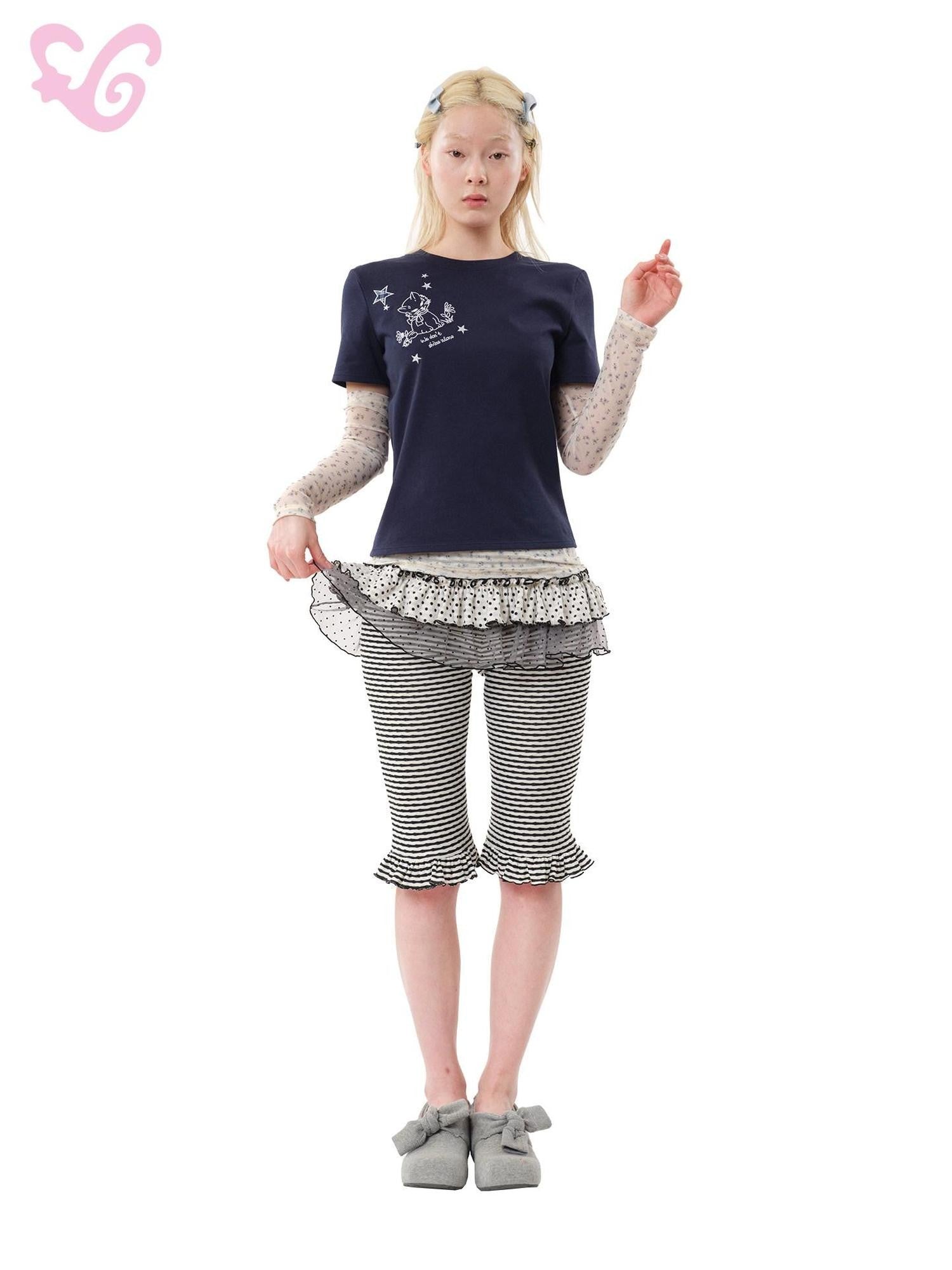MOF Navy Cat Embroidery Set Shoulder Women's Cotton Short Sleeve T-shirts