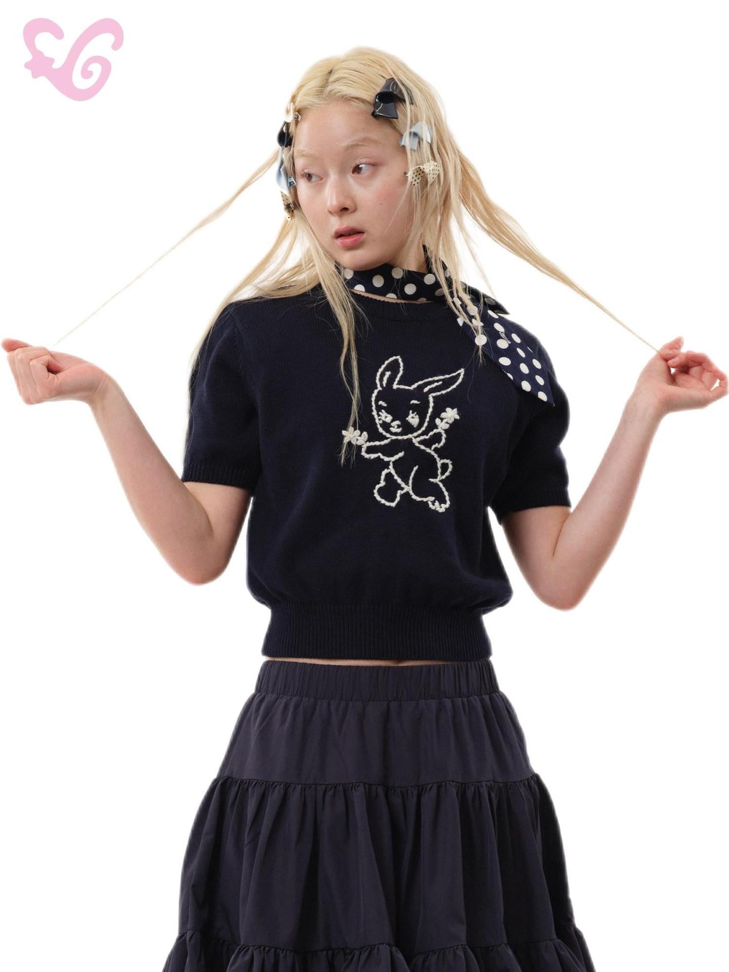 MOF Navy Embroidered Rabbit Puff Sleeve Women's Cotton Short Sleeve T-shirts