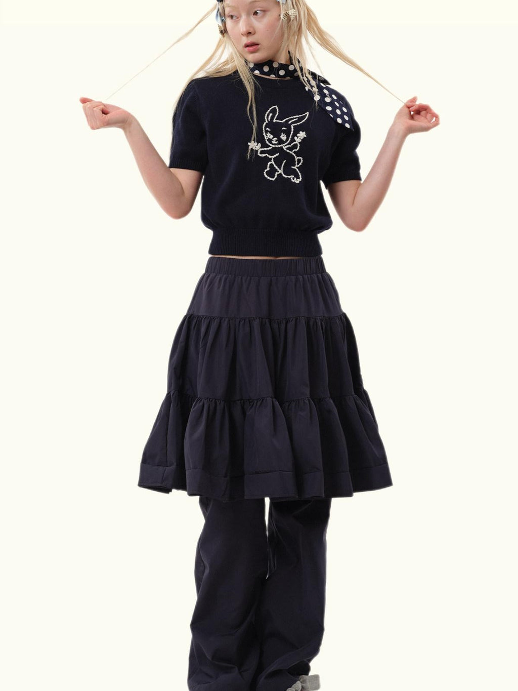 MOF Navy Embroidered Rabbit Puff Sleeve Women's Cotton Short Sleeve T-shirts