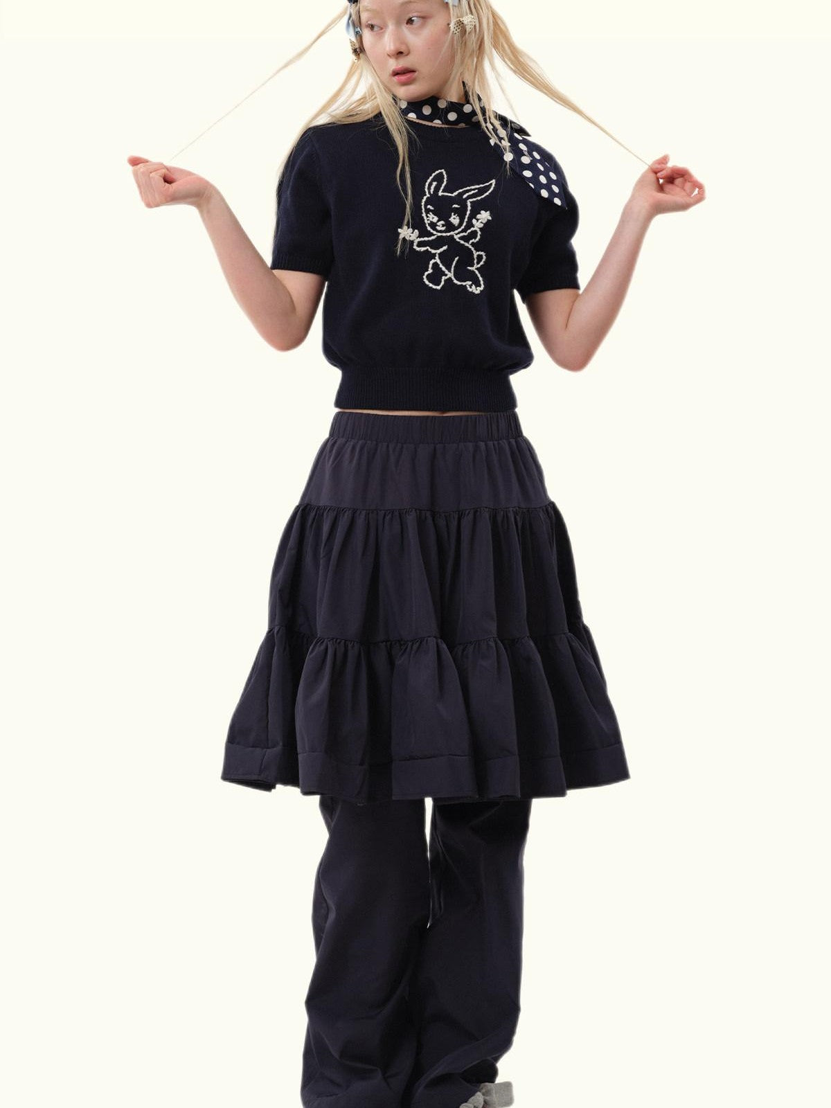 MOF Navy Embroidered Rabbit Puff Sleeve Women's Cotton Short Sleeve T-shirts