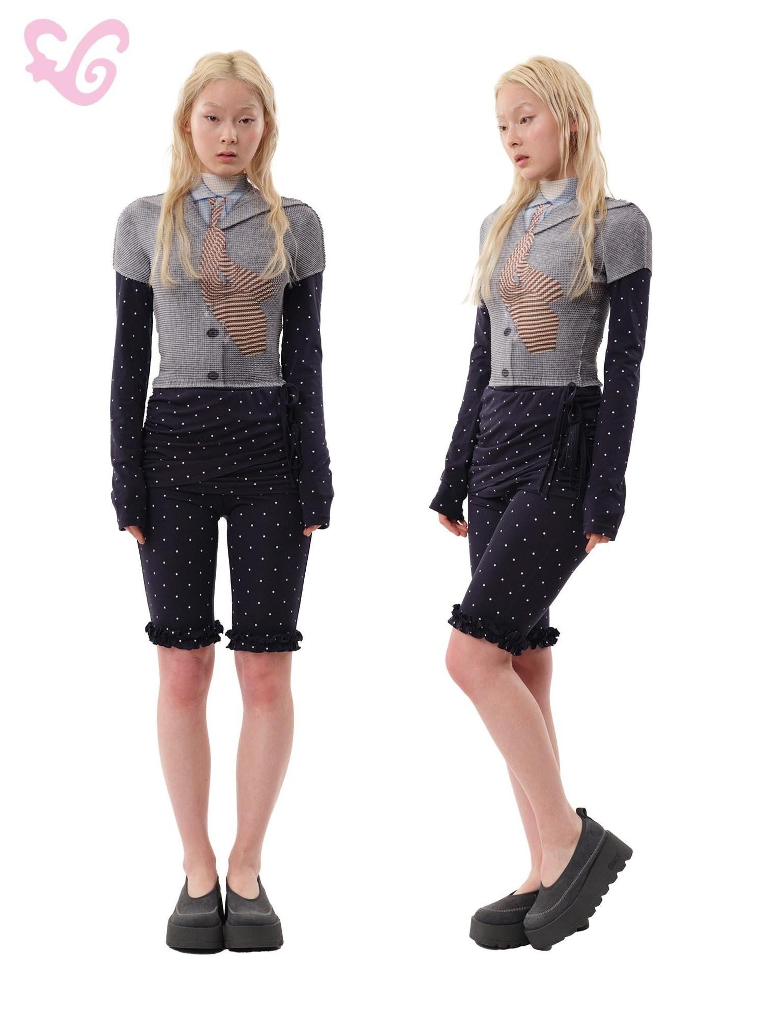 MOF Navy Polka Dot Ruched Ruffle Hem Slim Fit Women's Spandex Bermuda Shorts