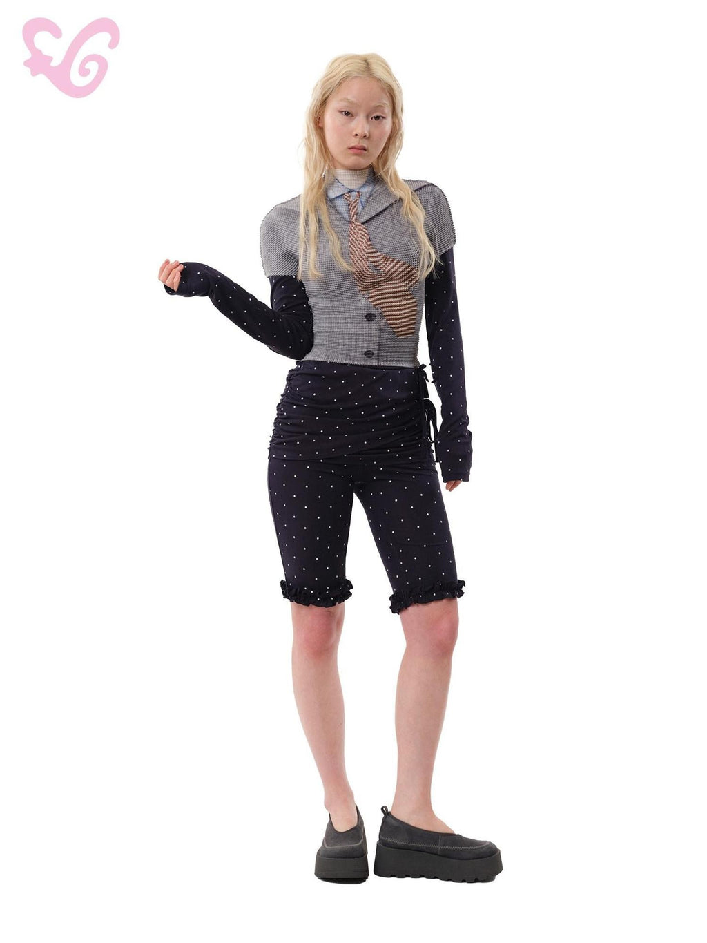 MOF Navy Polka Dot Ruched Ruffle Hem Slim Fit Women's Spandex Bermuda Shorts