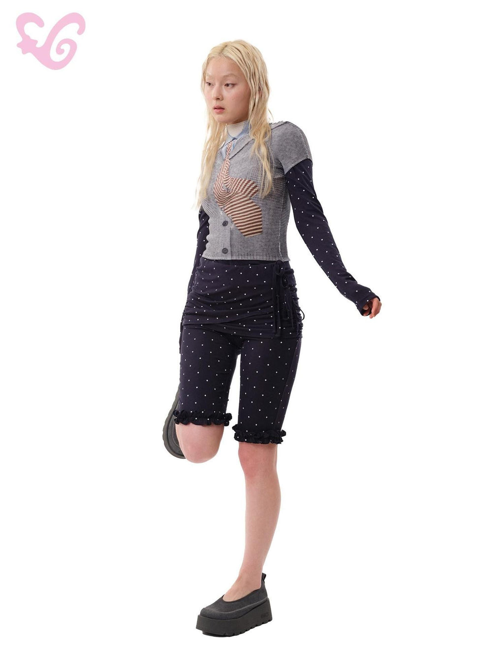 MOF Navy Polka Dot Ruched Ruffle Hem Slim Fit Women's Spandex Bermuda Shorts