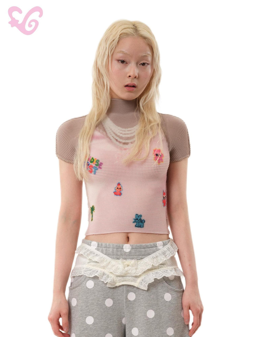 MOF Pink Pleated Pearl Necklace Printed Women's Polyester Baby Tees