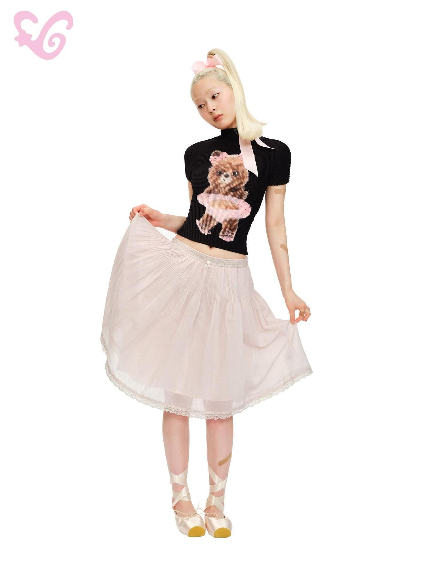 MOF Pink White Ballet Inspired Lace Spliced Puff Women's Cotton Blend Midi Skirts