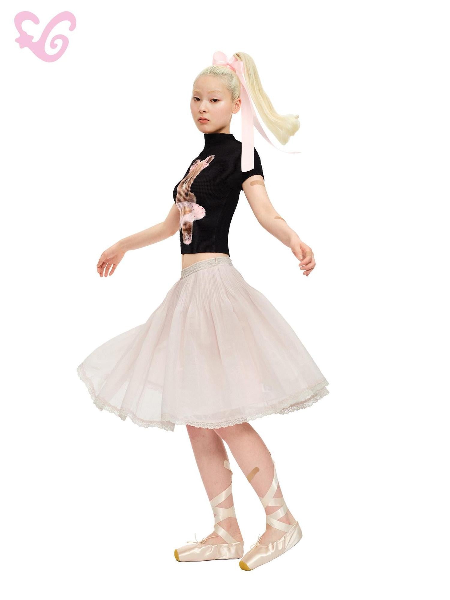 MOF Pink White Ballet Inspired Lace Spliced Puff Women's Cotton Blend Midi Skirts