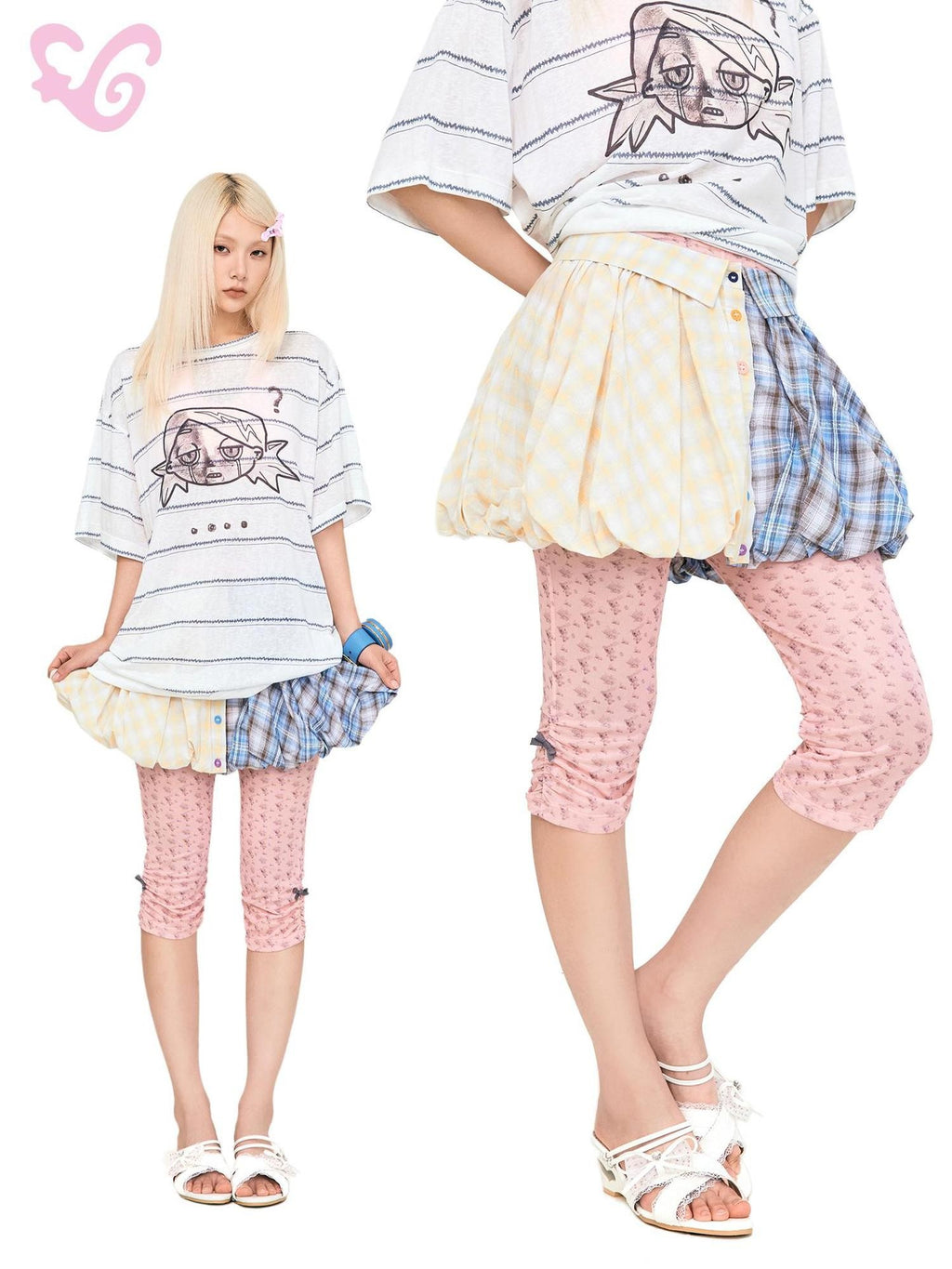 MOF Plaid Color Block Bubble Ruched Reversible Women's Cotton Mini Skirts