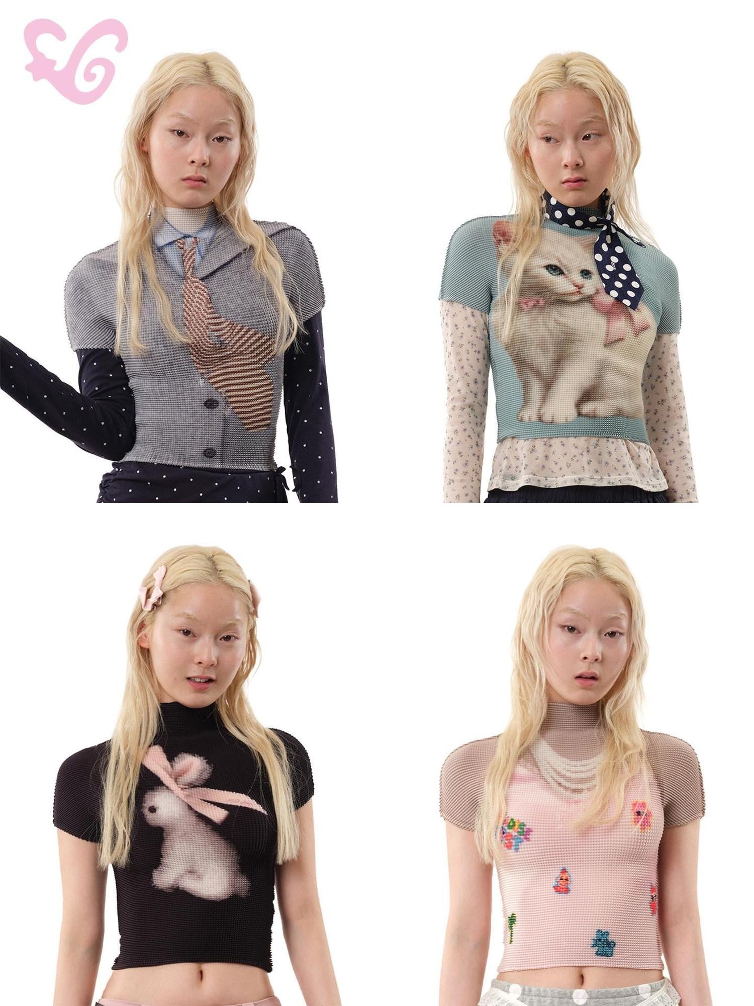 MOF Pleated Print Half High Collar Slim Fit Women's Polyester Short Sleeve T-shirts