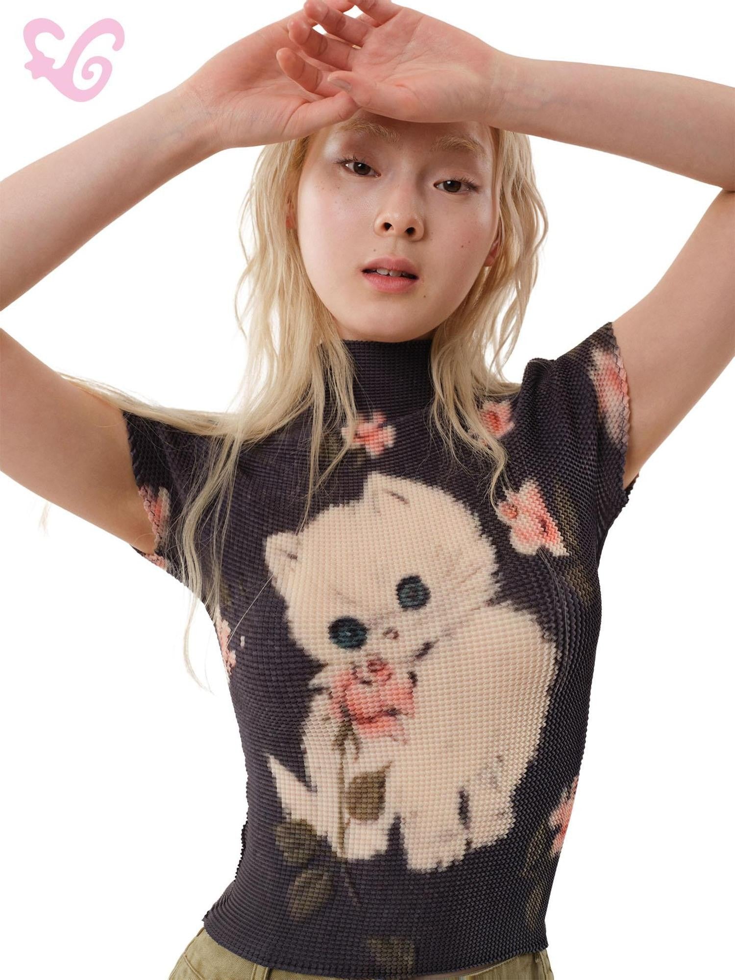 MOF Pleated Print Half High Collar Slim Fit Women's Polyester Short Sleeve T-shirts