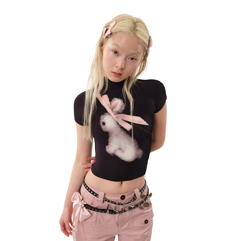 MOF_Ribbon_Rabbit_Cartoon_Print_Pleated_Half_High_Collar_Women's_Slim_T-shirts_1060000963829_MISSTT