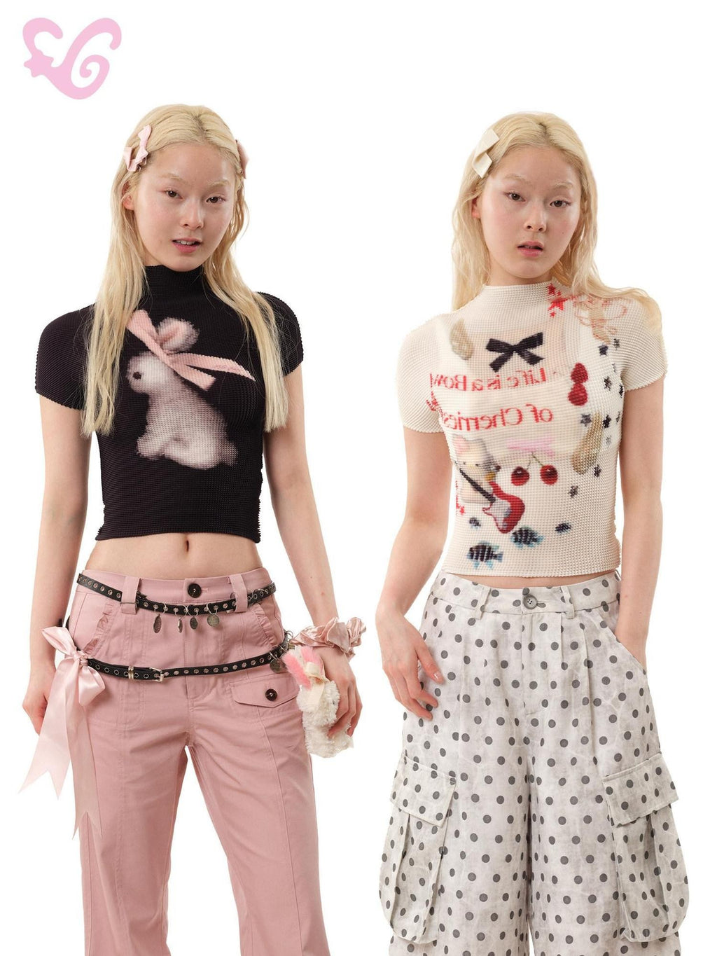 MOF Ribbon Rabbit Cartoon Print Pleated Half High Collar Women's Slim T-shirts