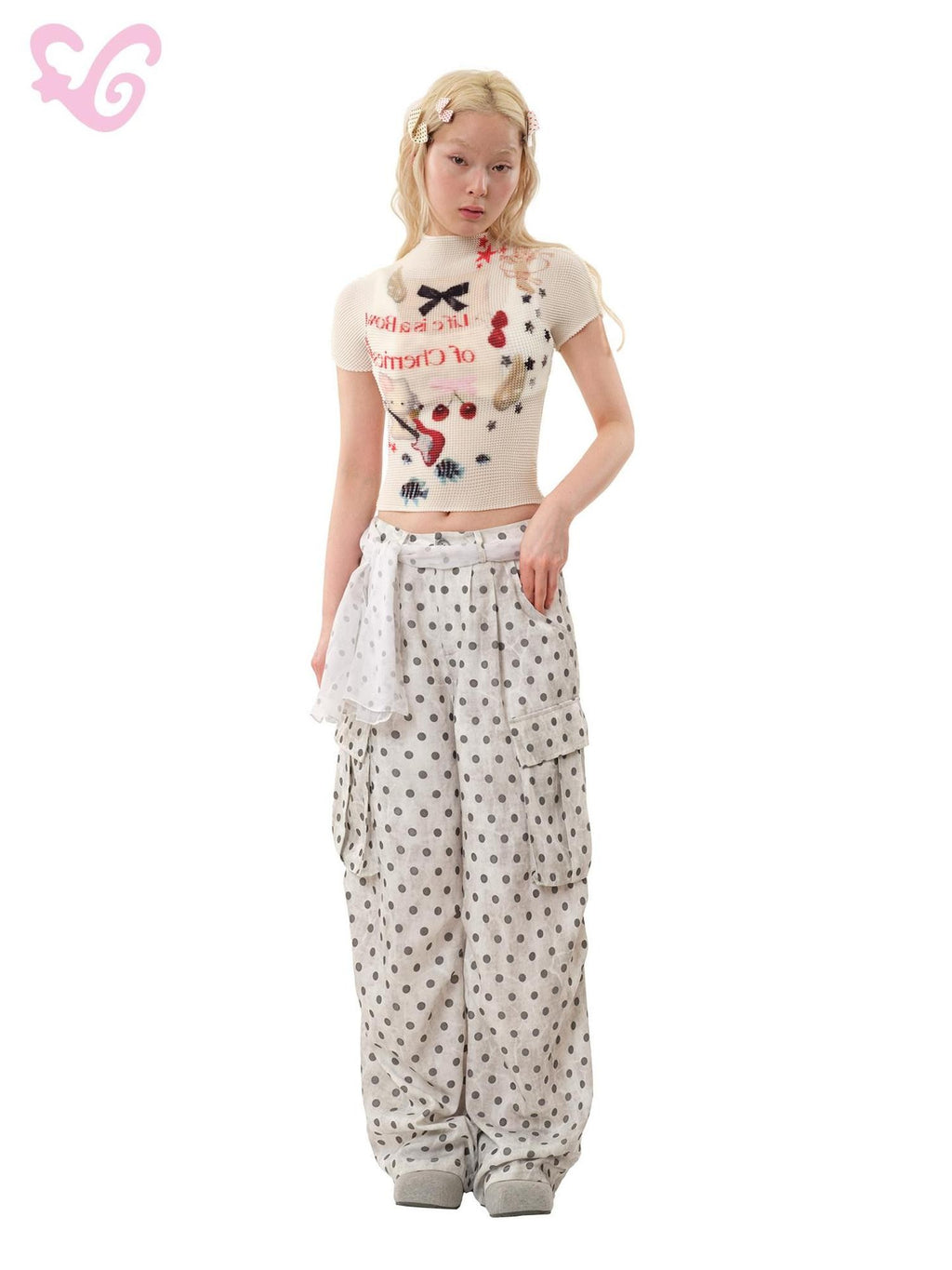 MOF Ribbon Rabbit Cartoon Print Pleated Half High Collar Women's Slim T-shirts