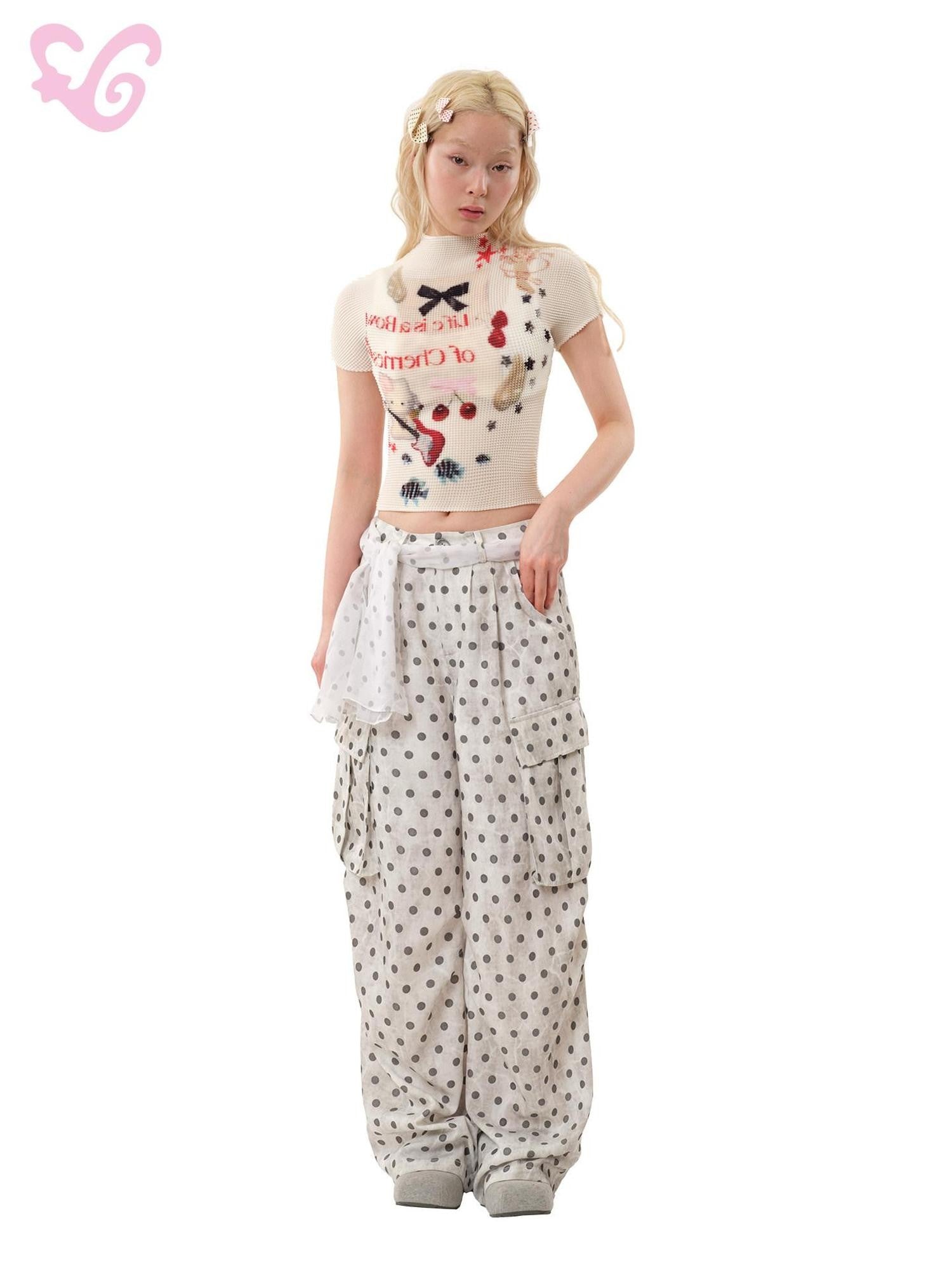 MOF Ribbon Rabbit Cartoon Print Pleated Half High Collar Women's Slim T-shirts
