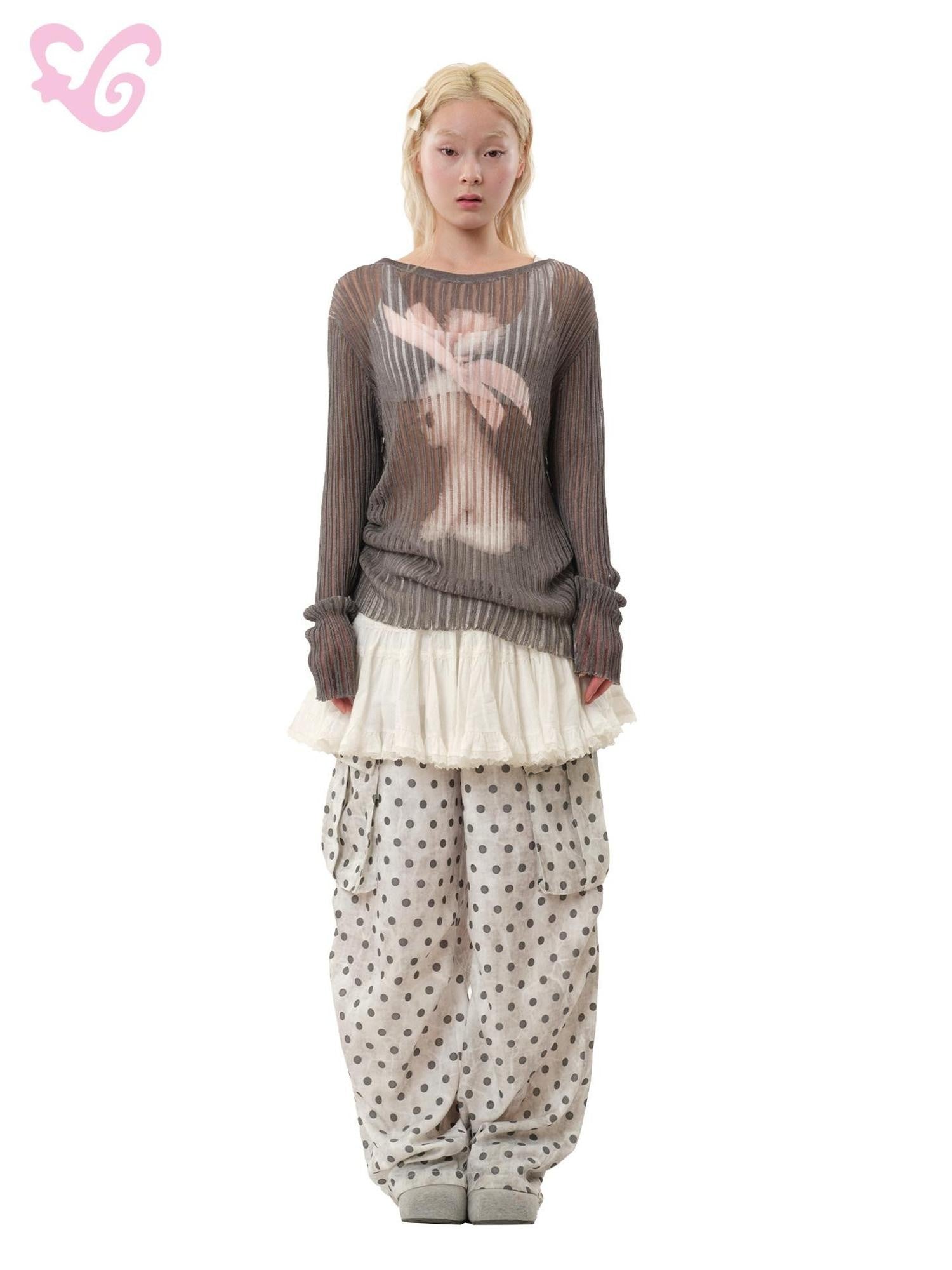 MOF Ribbon Rabbit Cartoon Print Women's Viscose Knit Long Sleeve T-shirts
