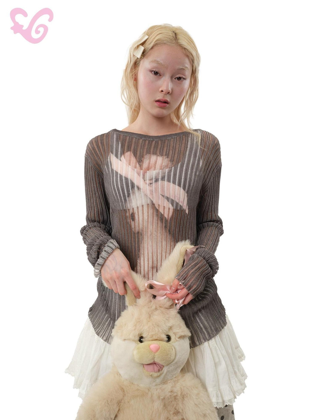 MOF Ribbon Rabbit Cartoon Print Women's Viscose Knit Long Sleeve T-shirts