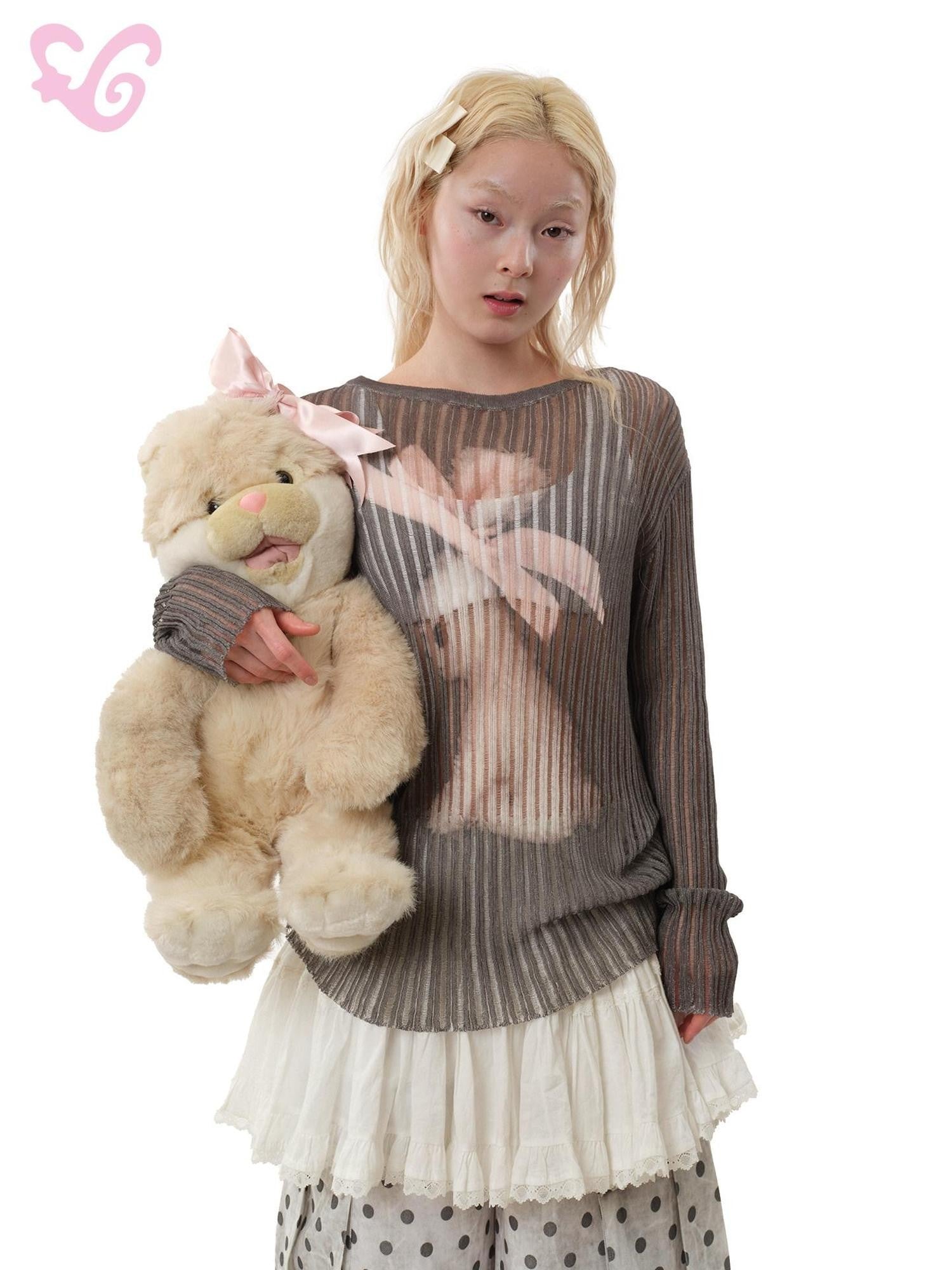 MOF Ribbon Rabbit Cartoon Print Women's Viscose Knit Long Sleeve T-shirts