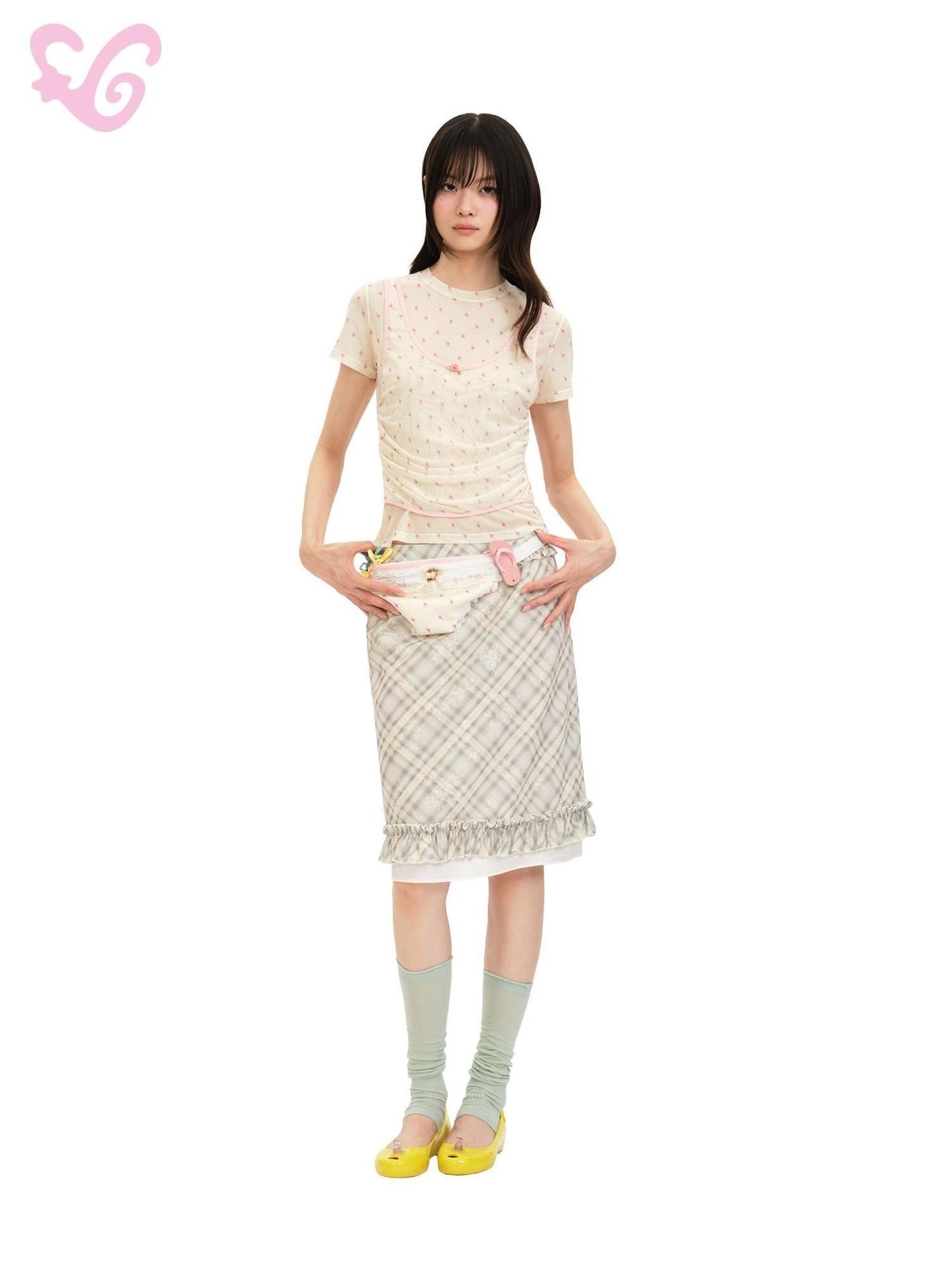 MOF Sheer Plaid Mesh Jacquard Pleated Ruffle Women's Polyester Midi Skirts