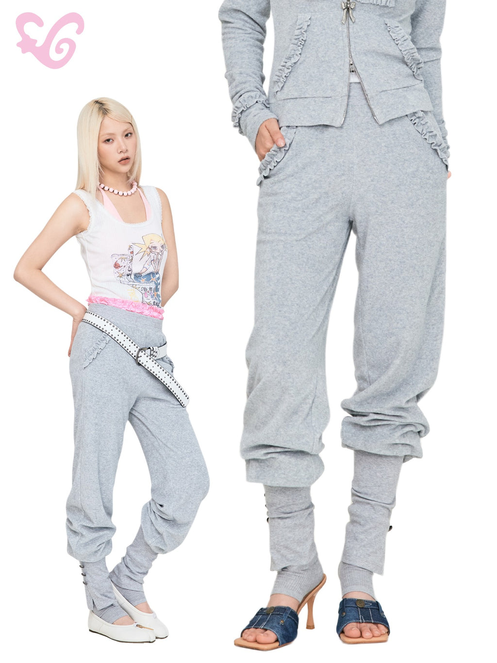 MOF Terry Cloth Button Lace Trim Elastic Waist Women's Cotton Sweatpants
