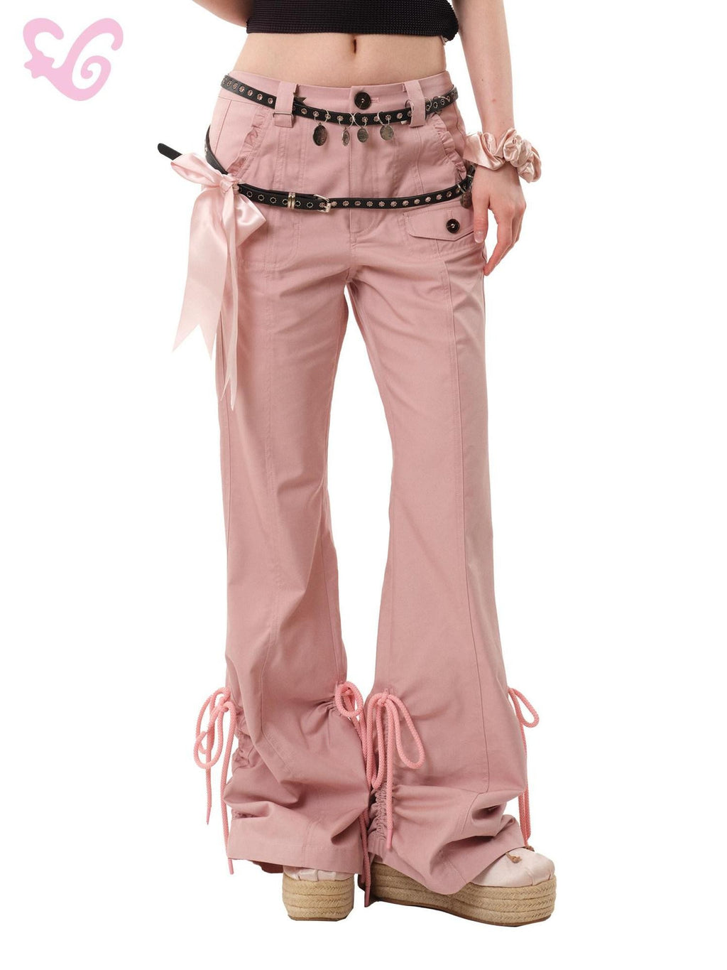 MOF Vintage Bow Tie Drawstring Flared Pockets Low Waist Women's Cotton Cargo Pants
