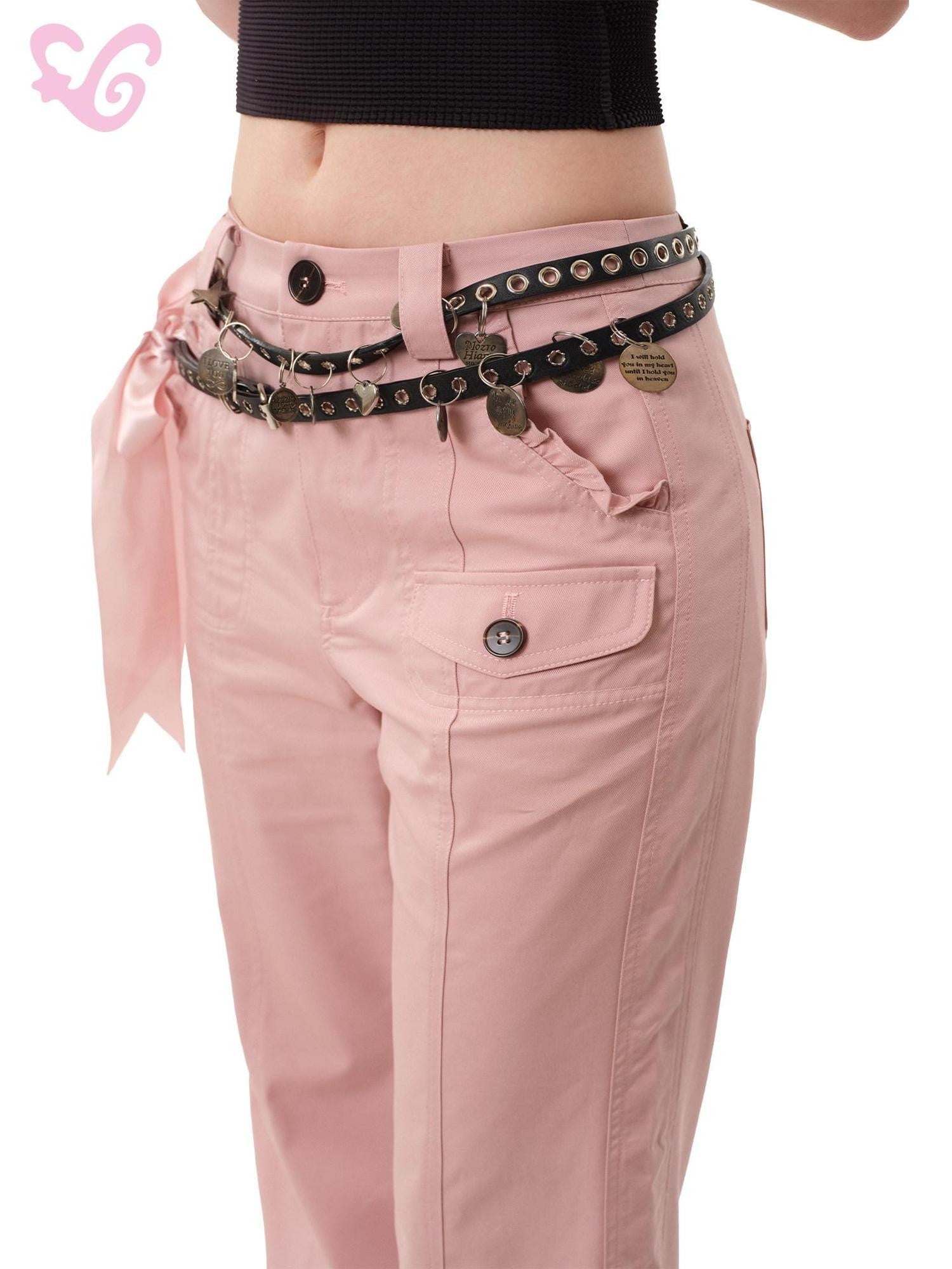 MOF Vintage Bow Tie Drawstring Flared Pockets Low Waist Women's Cotton Cargo Pants