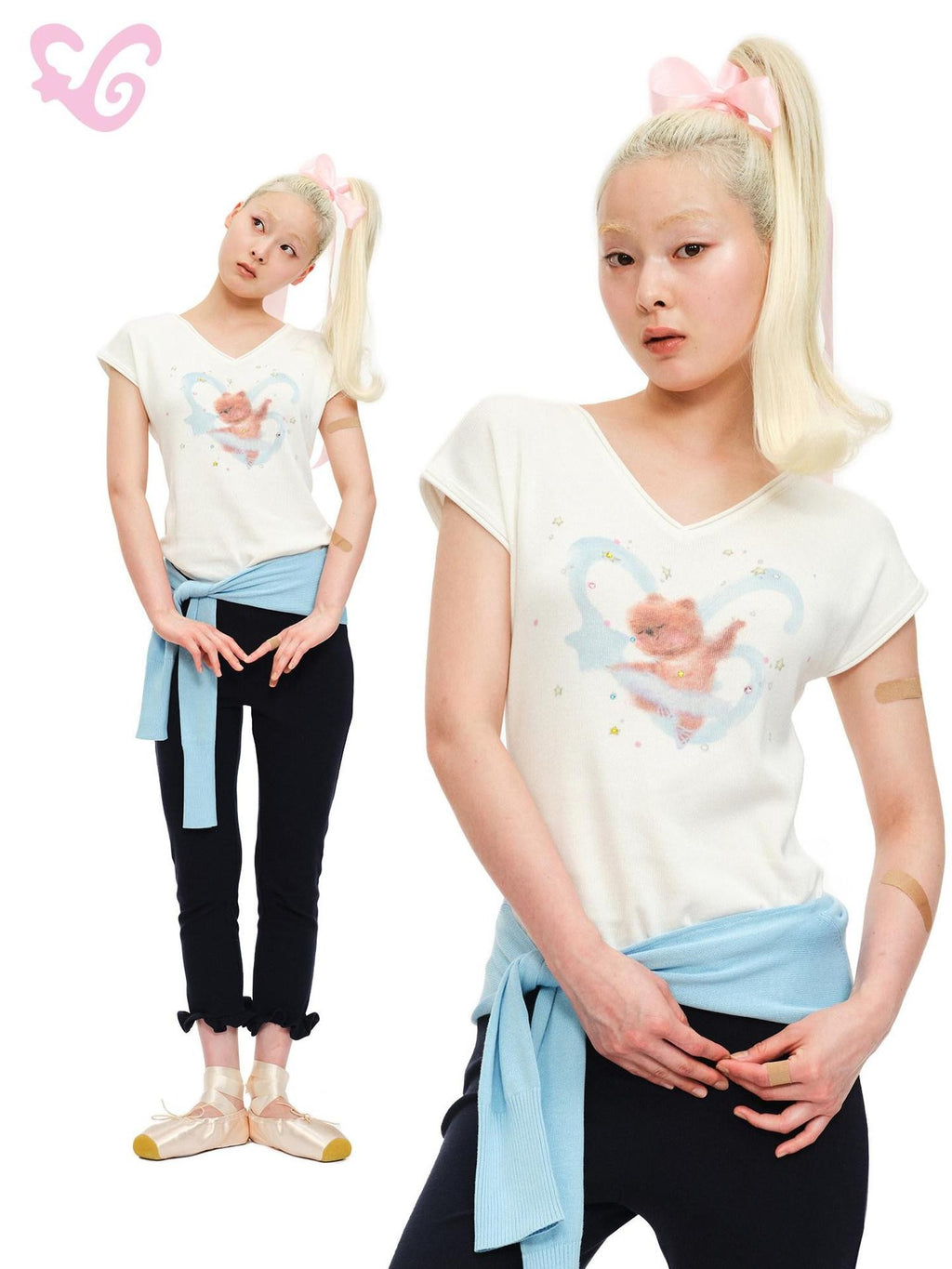 MOF White Knit Bear Heart Print V-neck Crop Waist Women's Short Sleeve T-shirts