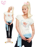 MOF White Knit Bear Heart Print V-neck Crop Waist Women's Short Sleeve T-shirts