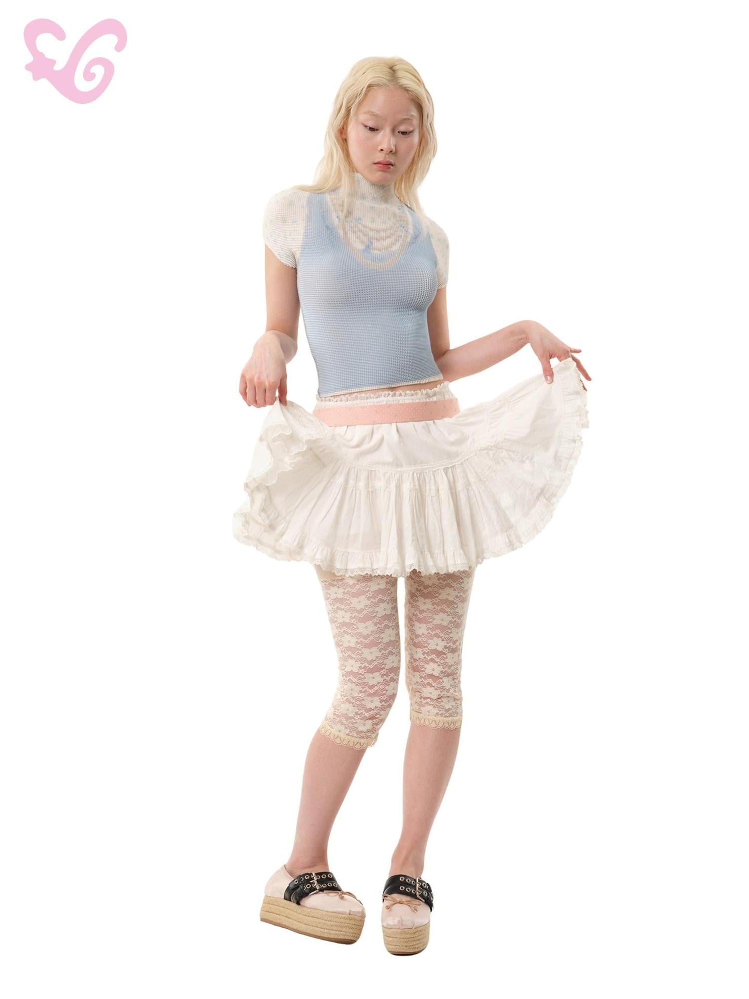 MOF White Lace Pleated Flared Low Waist Women's Cotton Mini Skirts