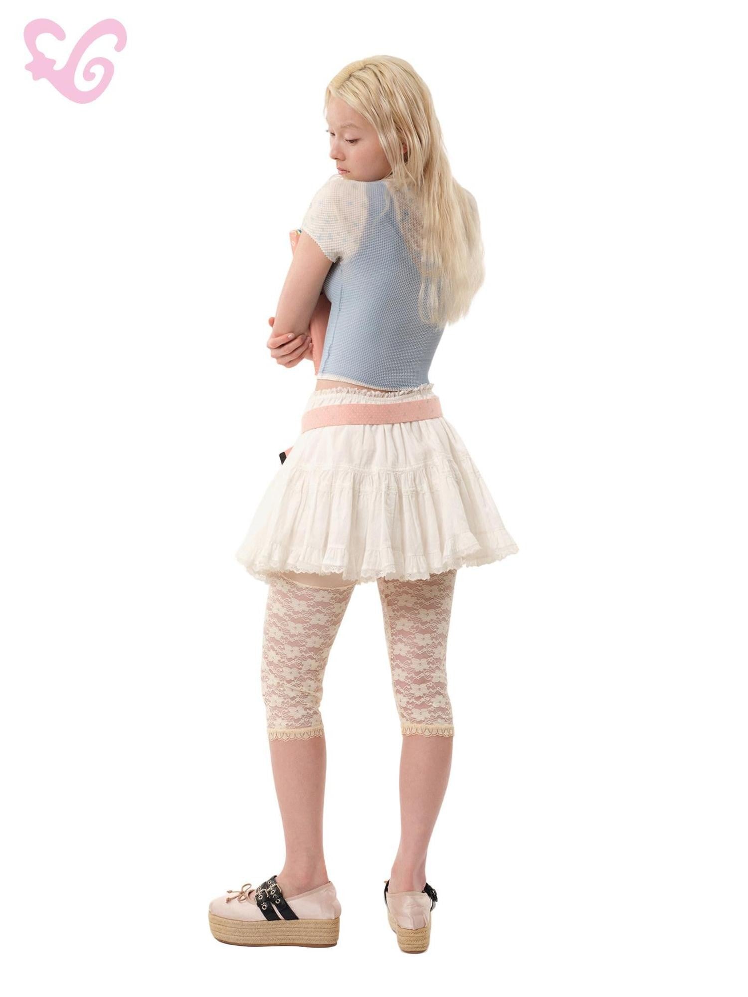 MOF White Lace Pleated Flared Low Waist Women's Cotton Mini Skirts