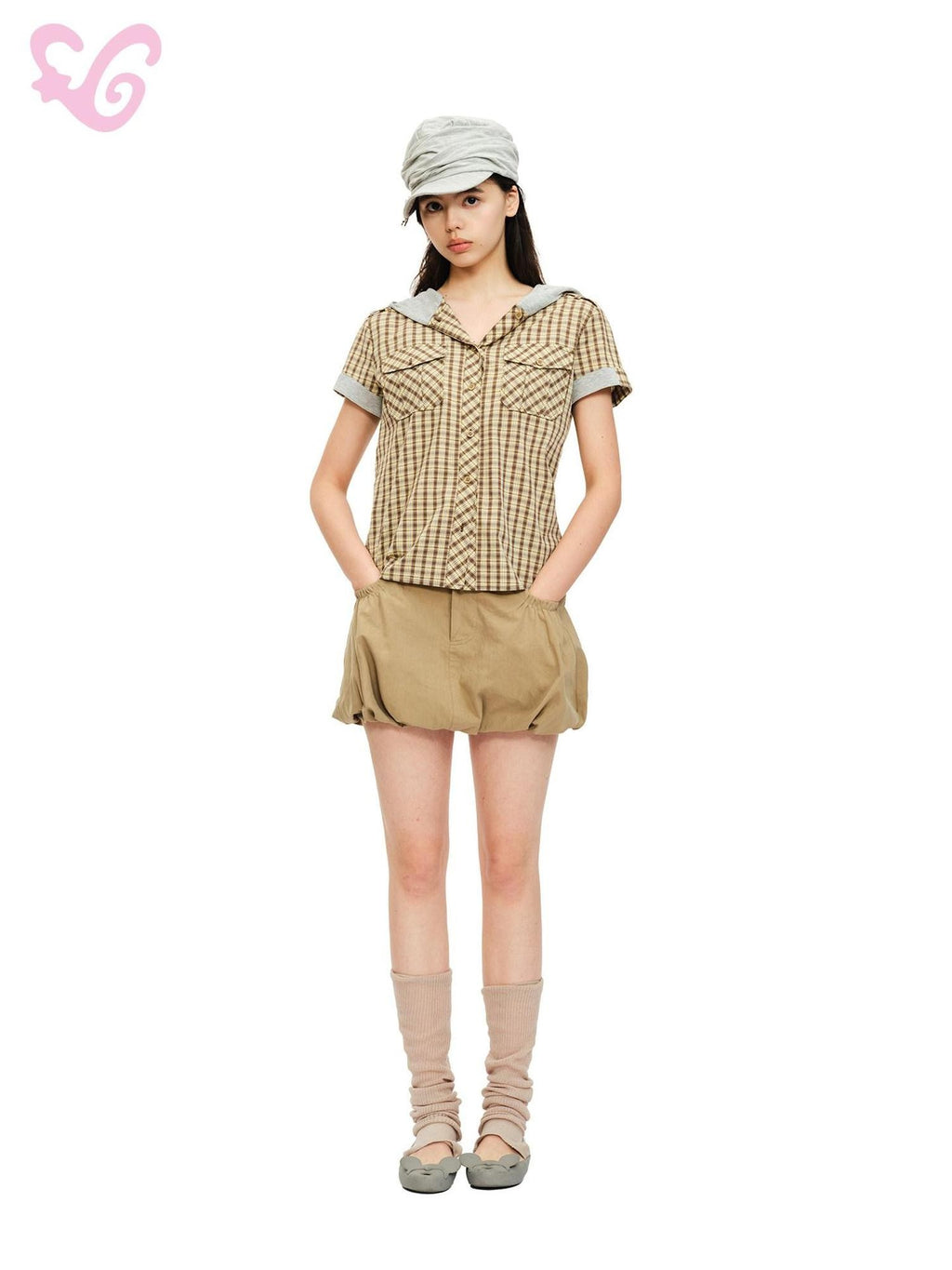 MOF Yellow Plaid Patchwork Hooded Women's Cotton Blend Short Sleeve T-shirts