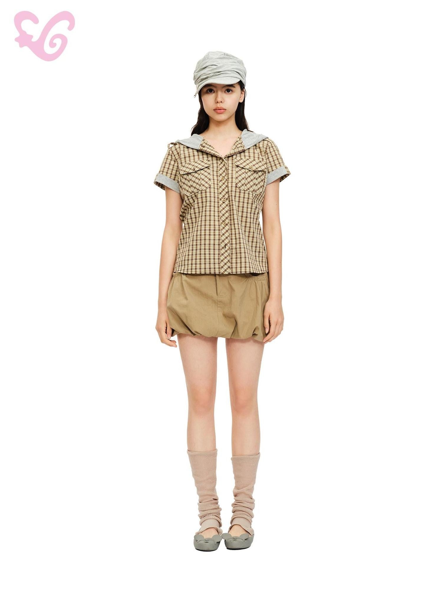 MOF Yellow Plaid Patchwork Hooded Women's Cotton Blend Short Sleeve T-shirts