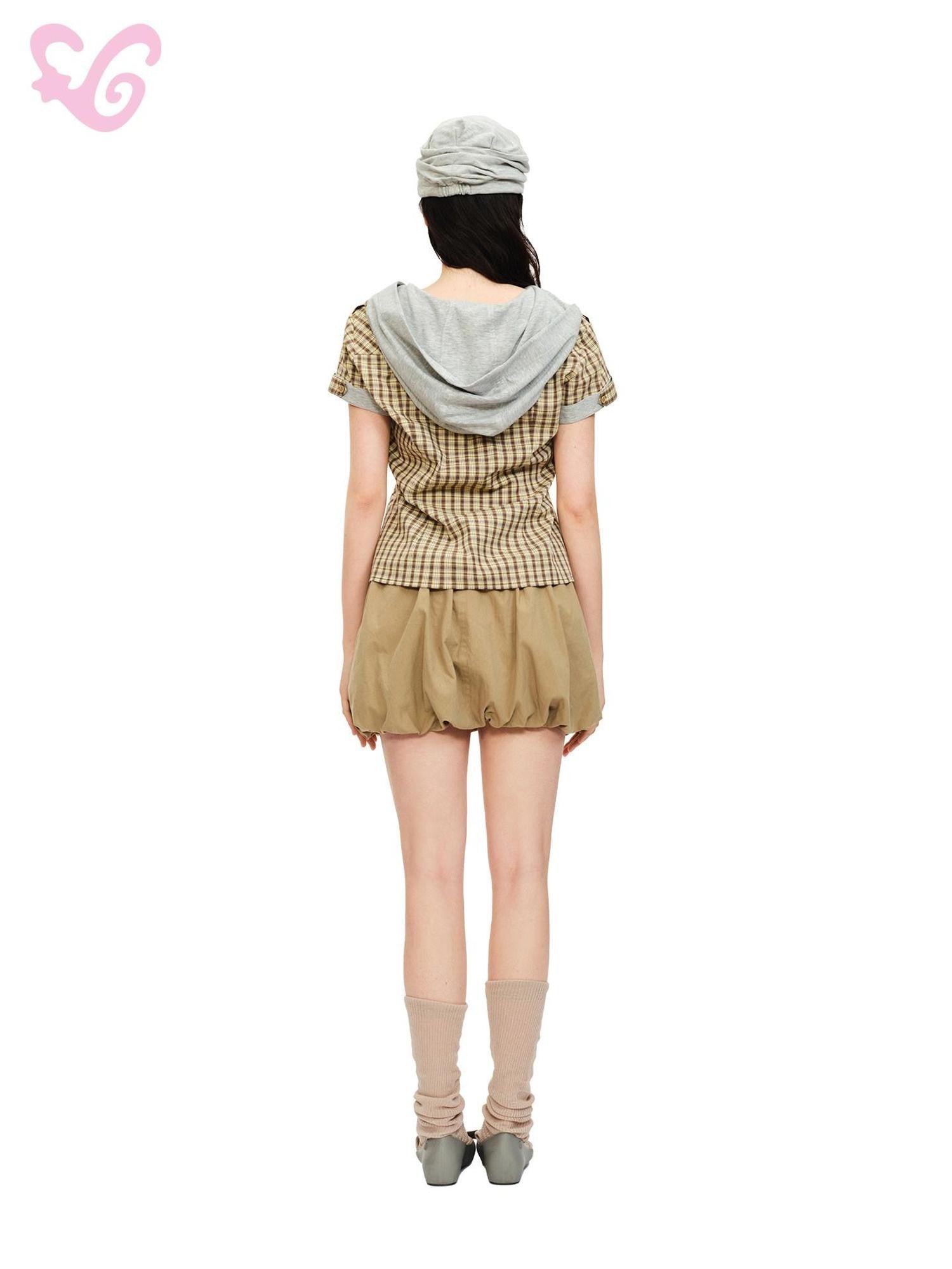 MOF Yellow Plaid Patchwork Hooded Women's Cotton Blend Short Sleeve T-shirts